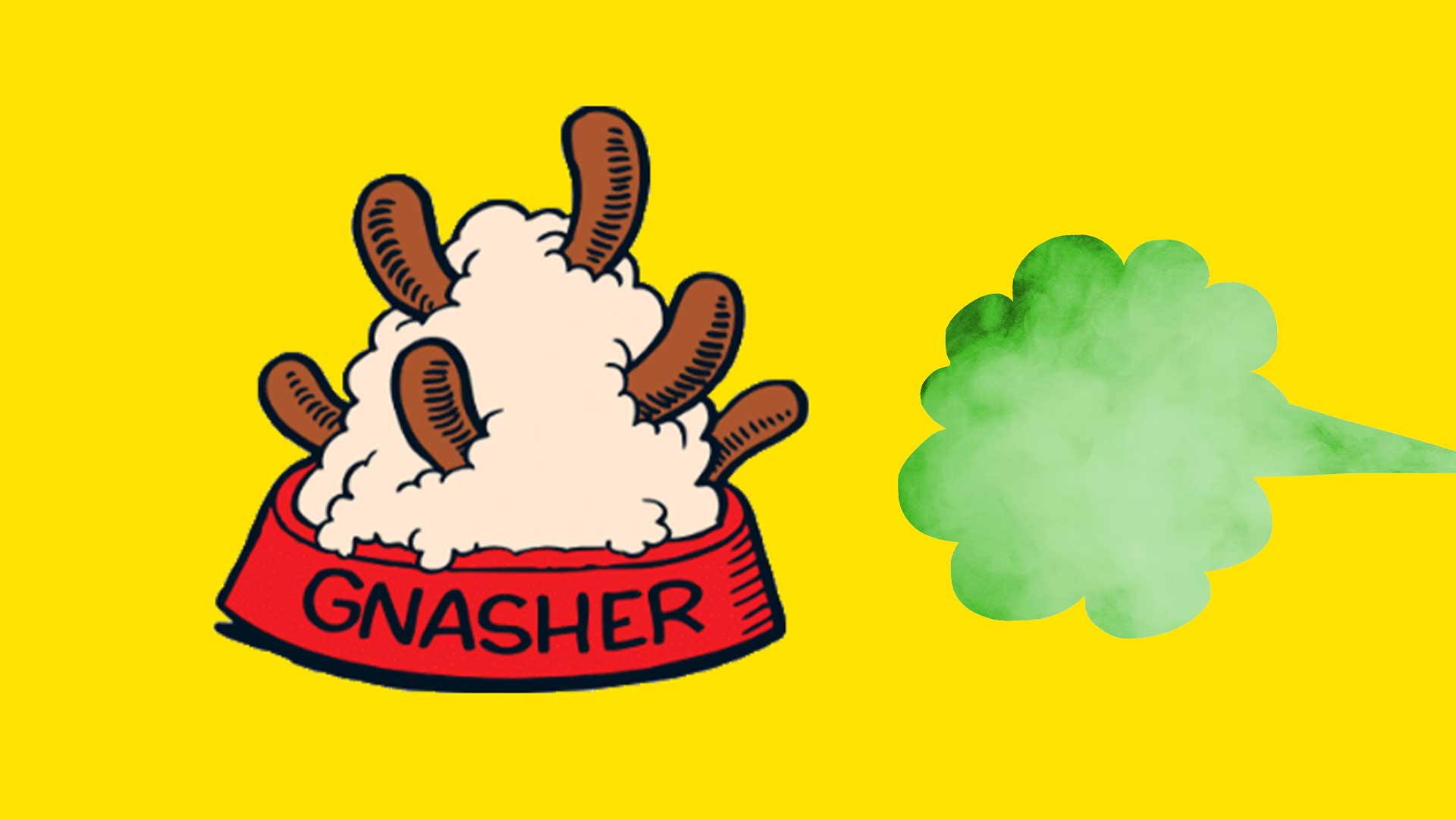 A bowl of sausages and mash, plus a fart cloud