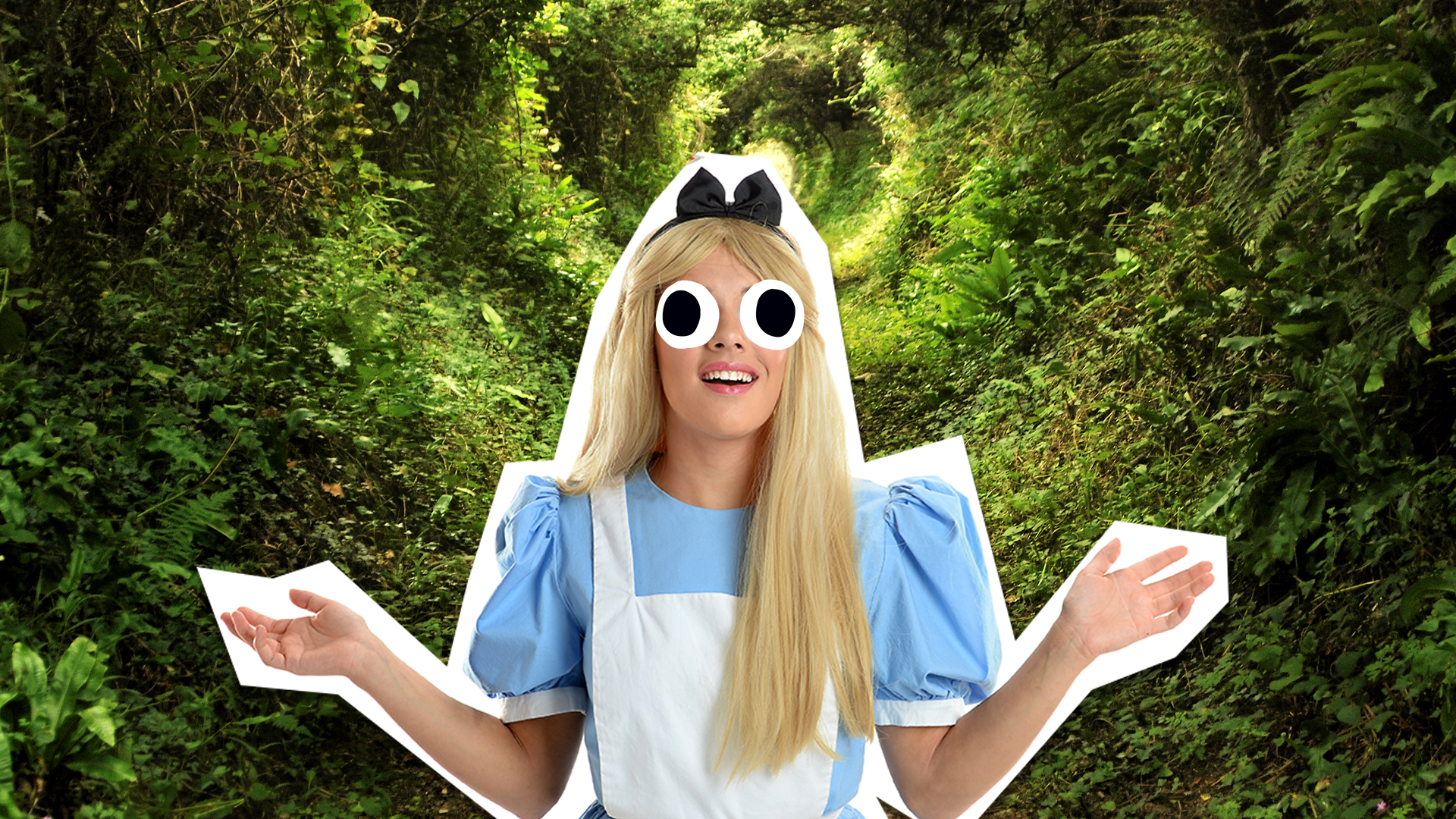 Alice shrugging in the woods