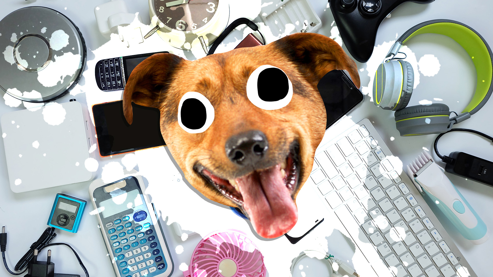 A dog surrounded by gadgets