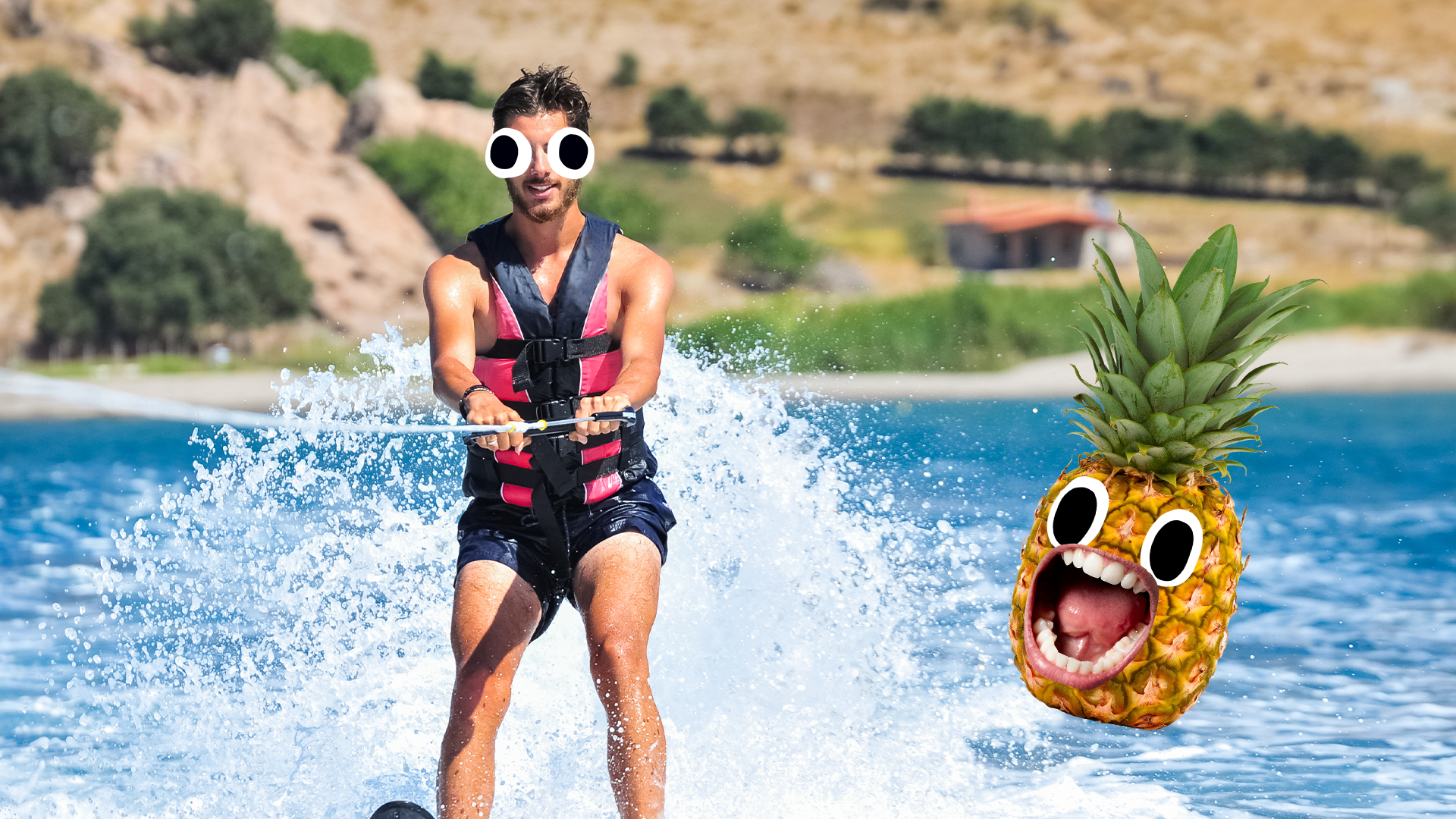 Man water skiing with screaming pineapple