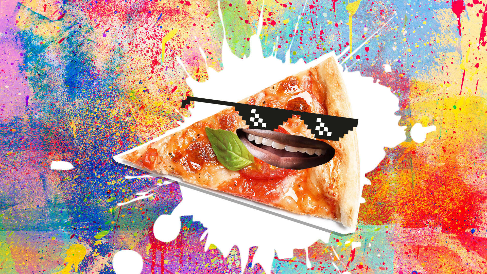 A slice of pizza on a colourful background
