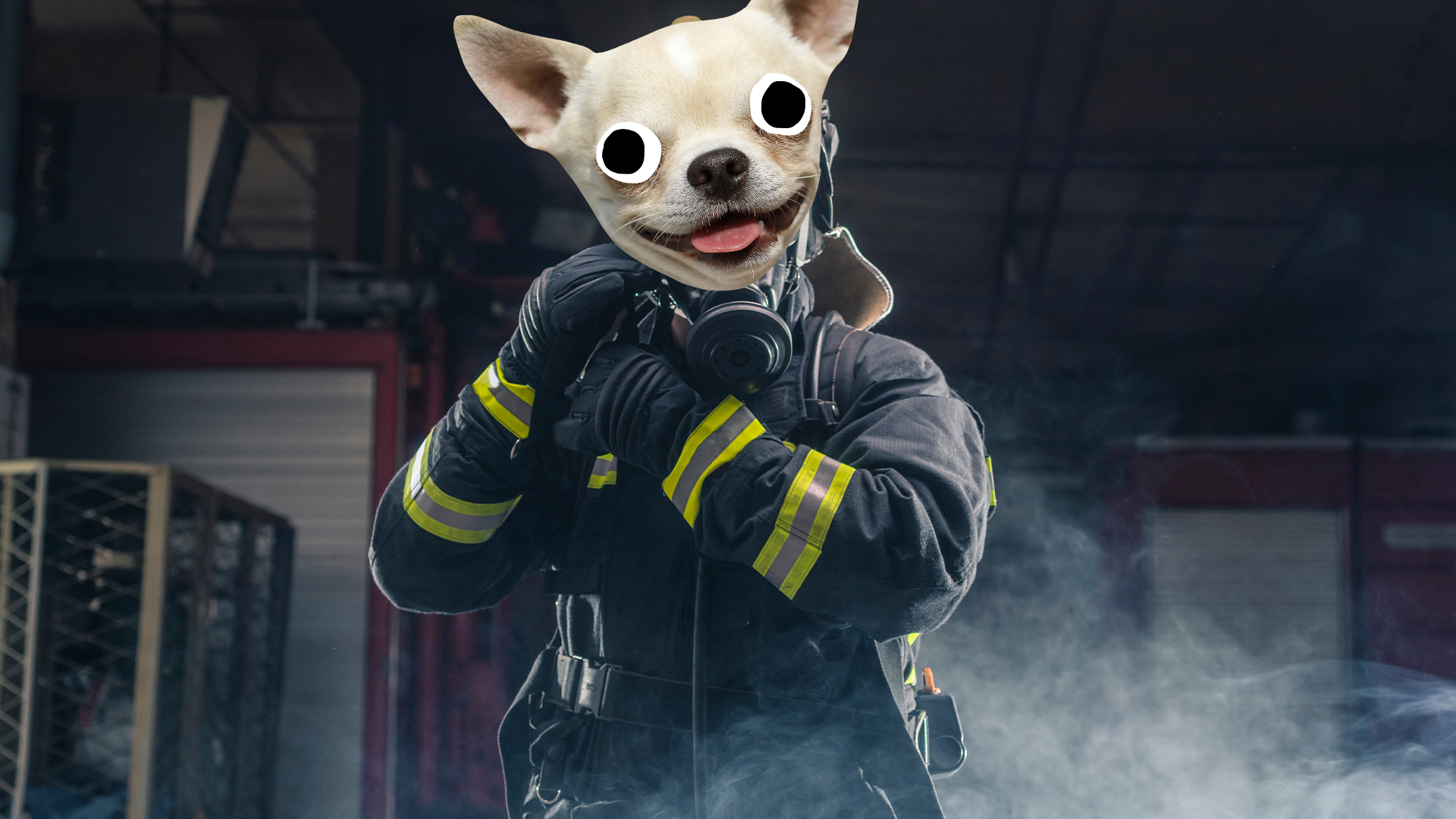 Firefighter with a goofy dog's face