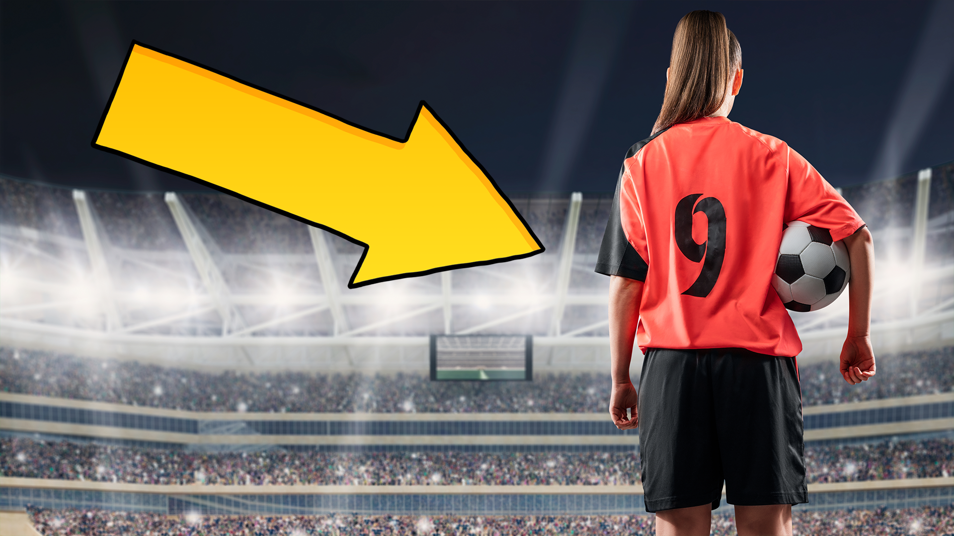 Arrow pointing to female football player in stadium