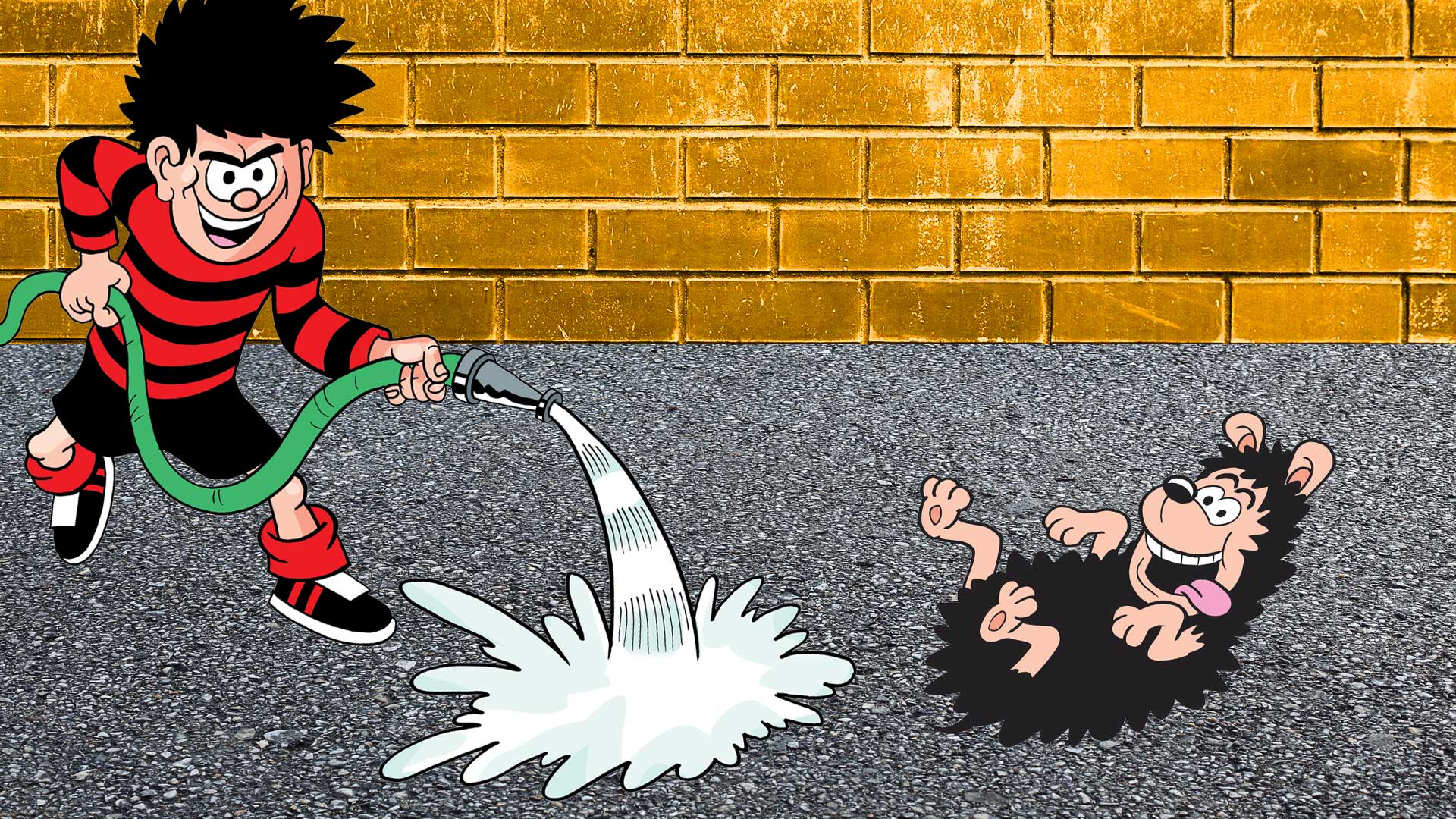 Dennis and Gnasher playing with a hose