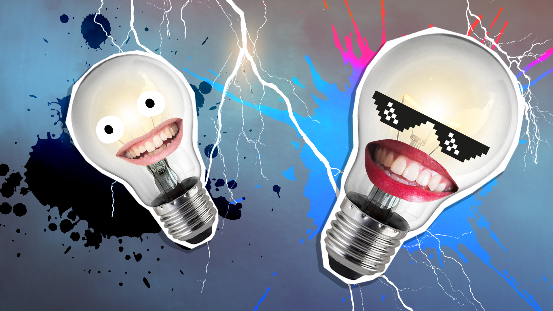 Two lightbulbs laughing