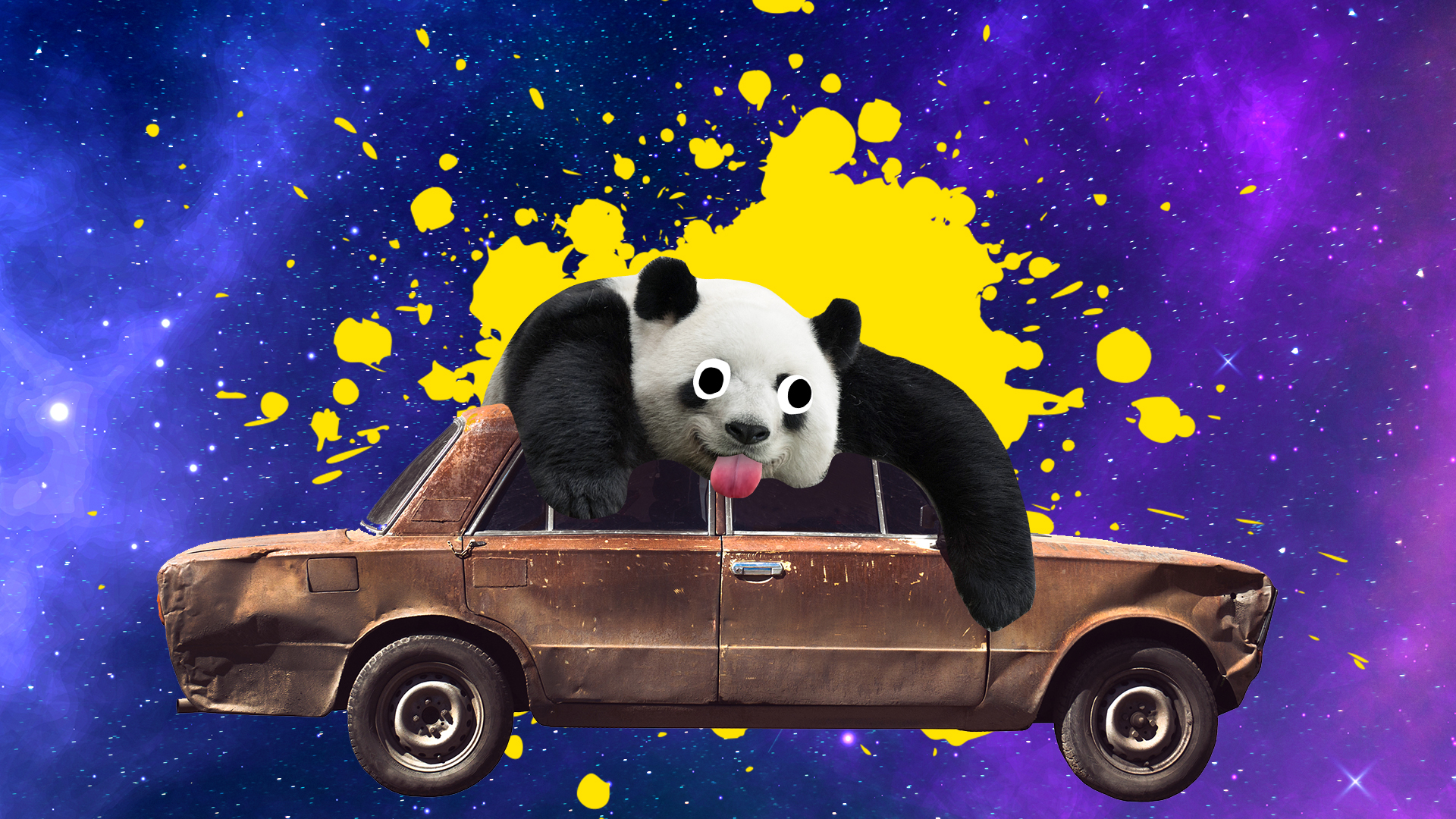 A rusty car has a panda on it
