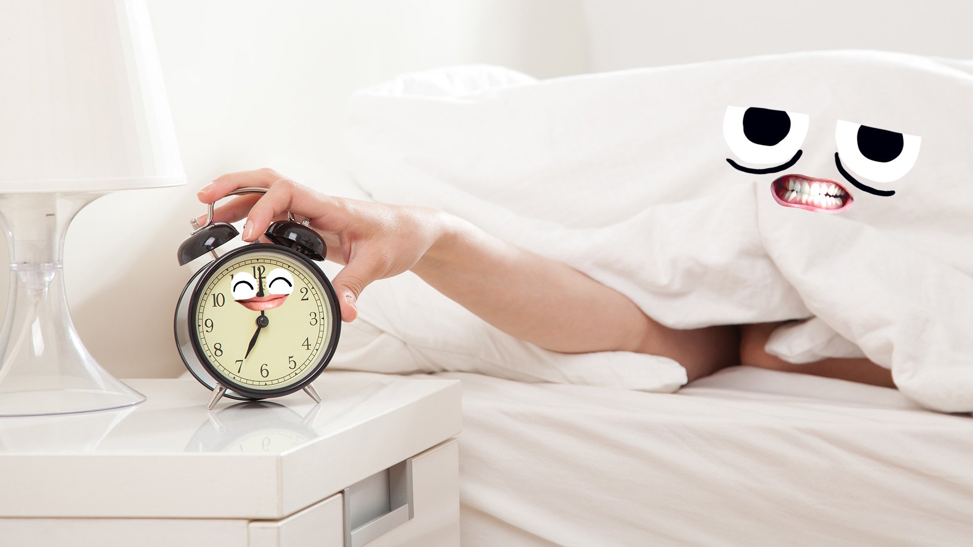 A sleepy duvet headed person turning off their alarm clock