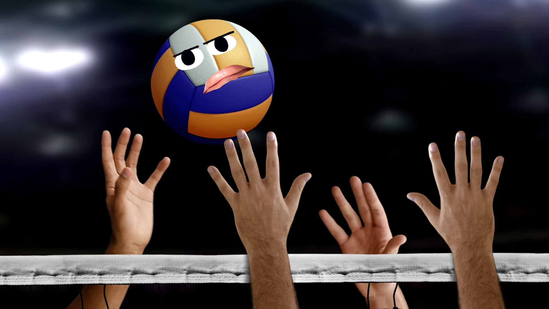 Grumpy volleyball being hit over net