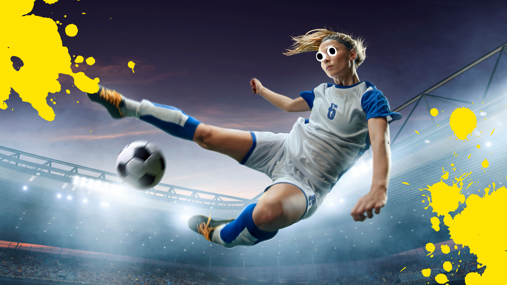 Female footballer kicking ball and splats