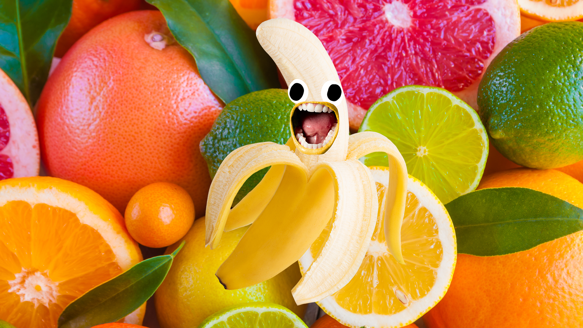 Citrus fruit background and screaming Beano banana