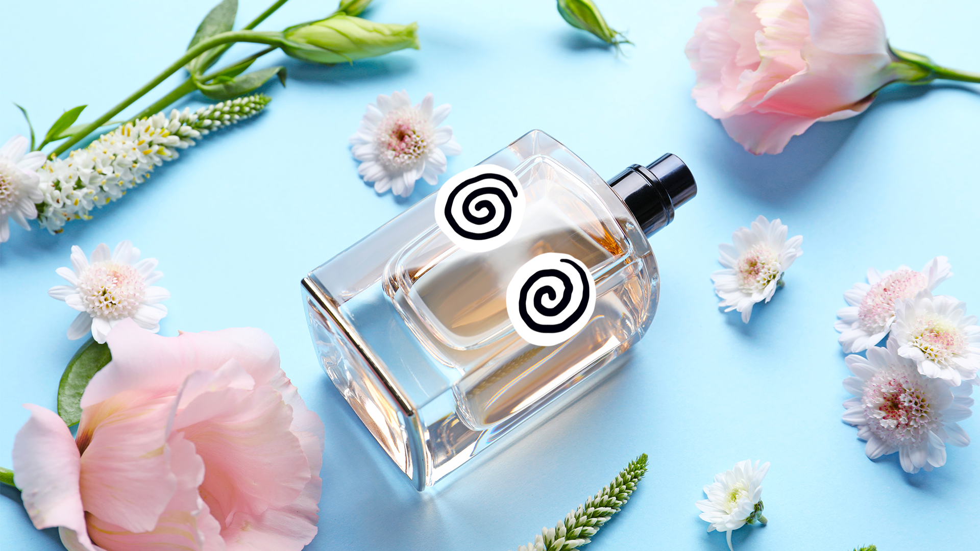 A bottle of perfume with dizzy eyes, surrounded by flowers