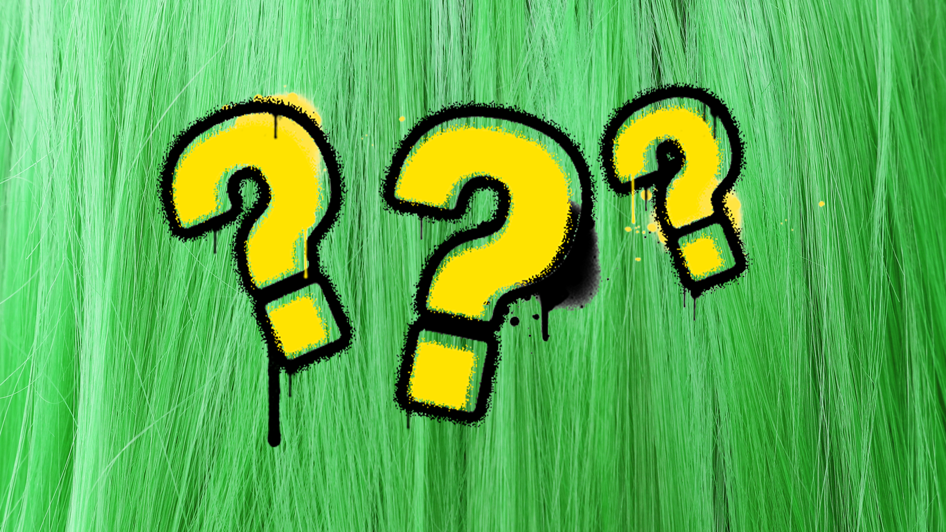 Question marks on green hair background