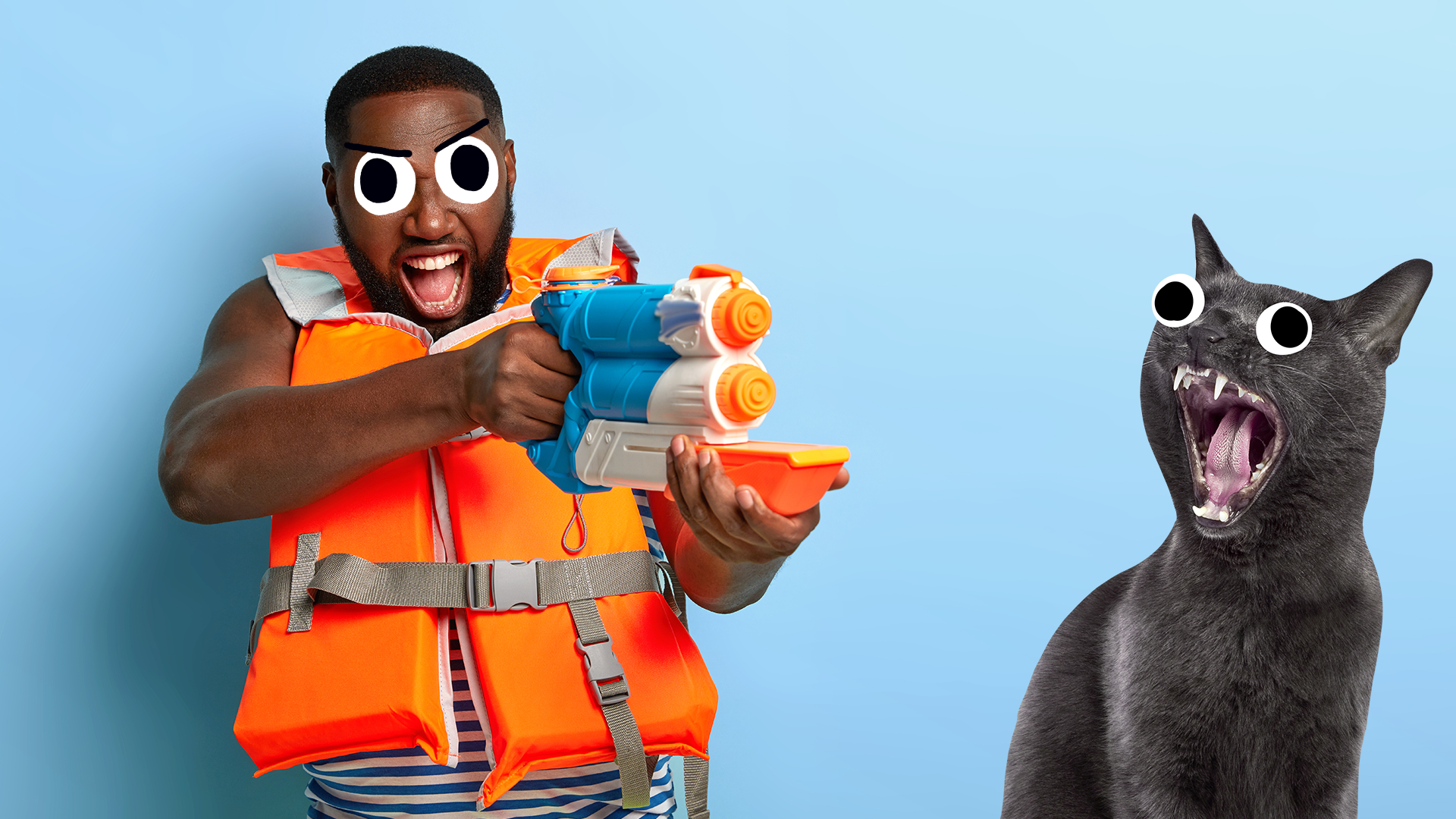 A man points a watergun at a screaming cat