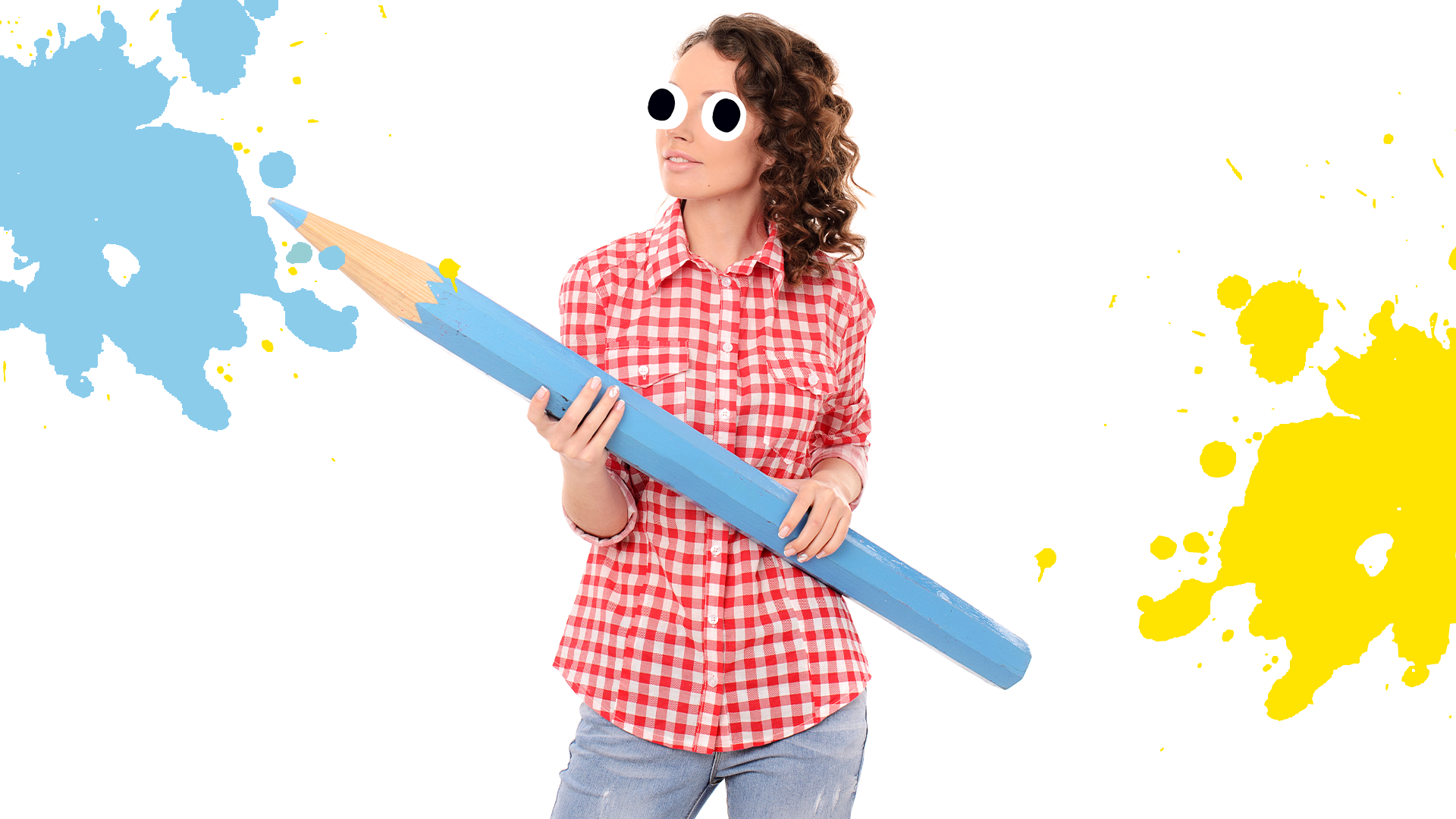 Woman with giant pencil and splats