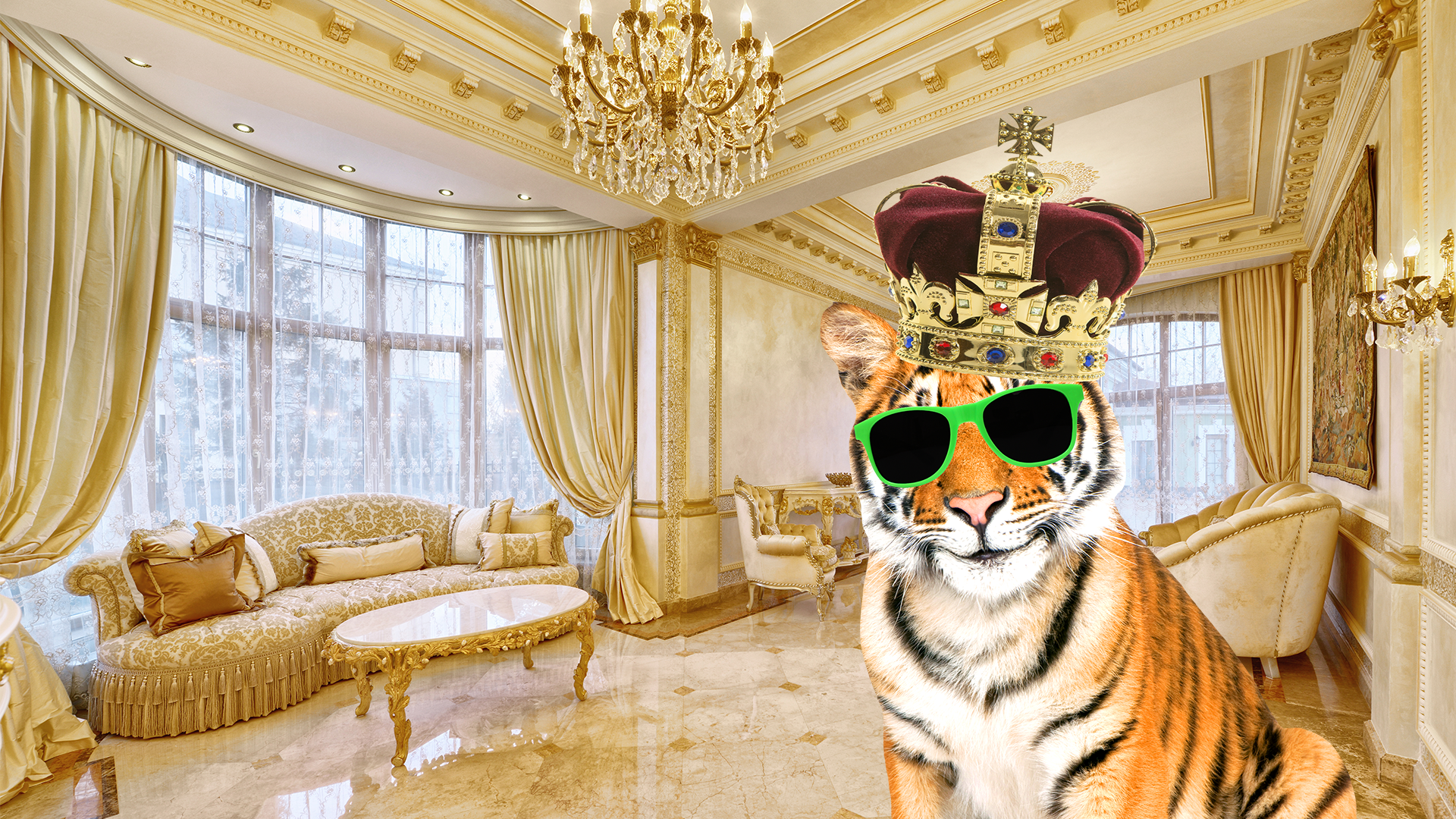 A tiger wearing a crown and sunglasses relaxes in a fancy room