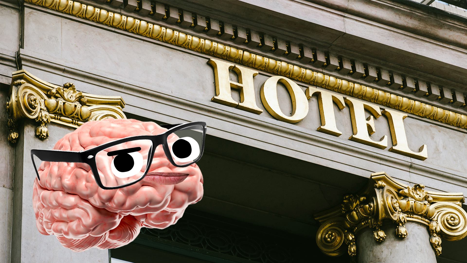 A brain wearing glasses looks quizzically at a hotel sign