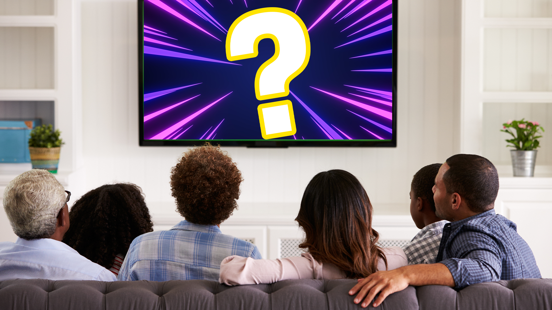Family watching tv with a question mark on it