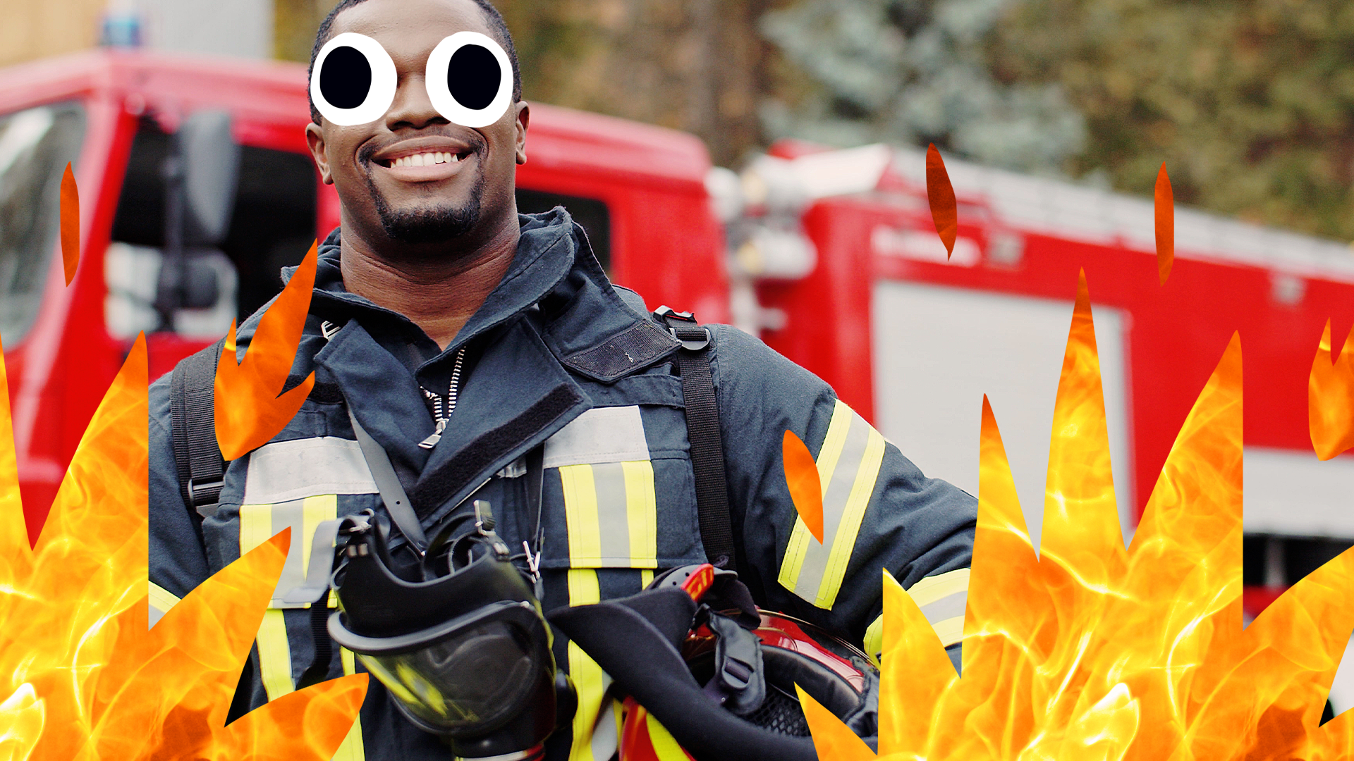 A fireman surrounded by cartoon fire