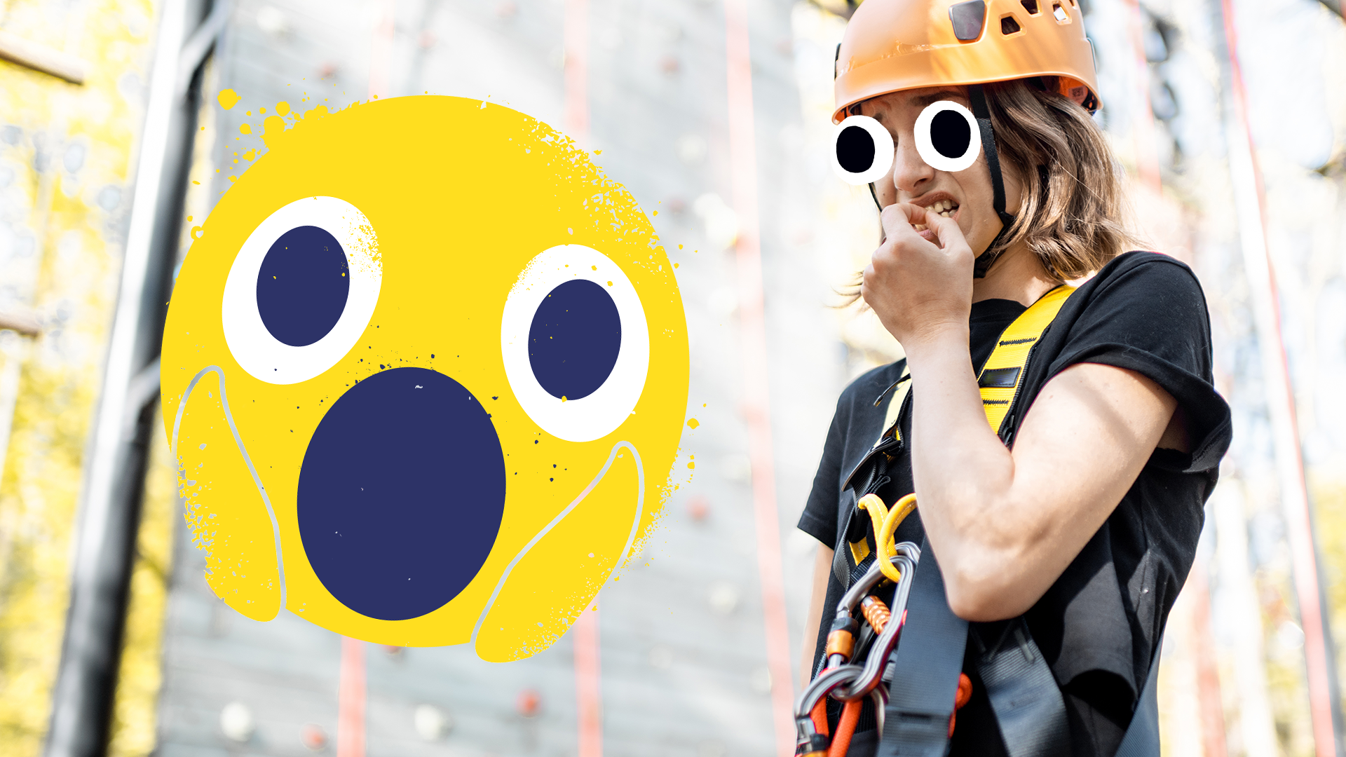 Woman in front of a climbing wall and scared emoji