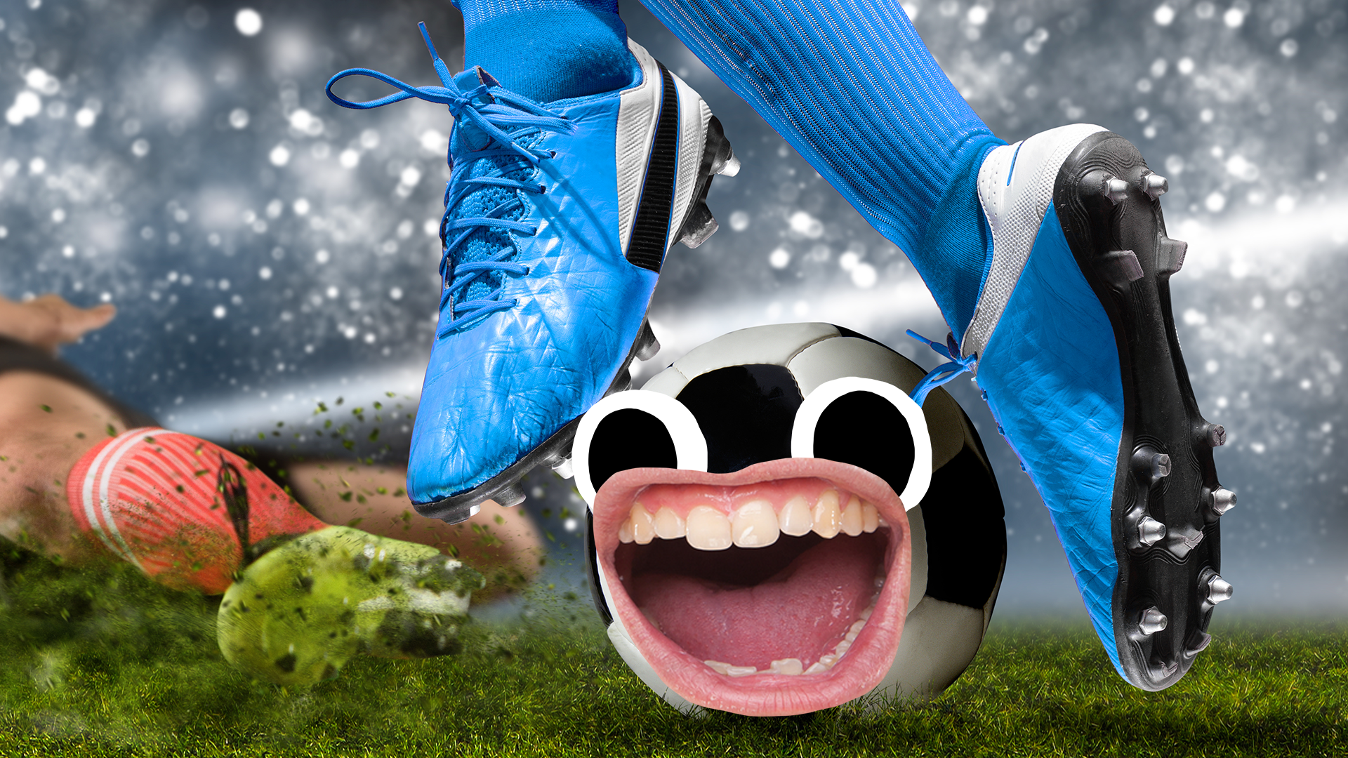Happy ball between two blue football boots