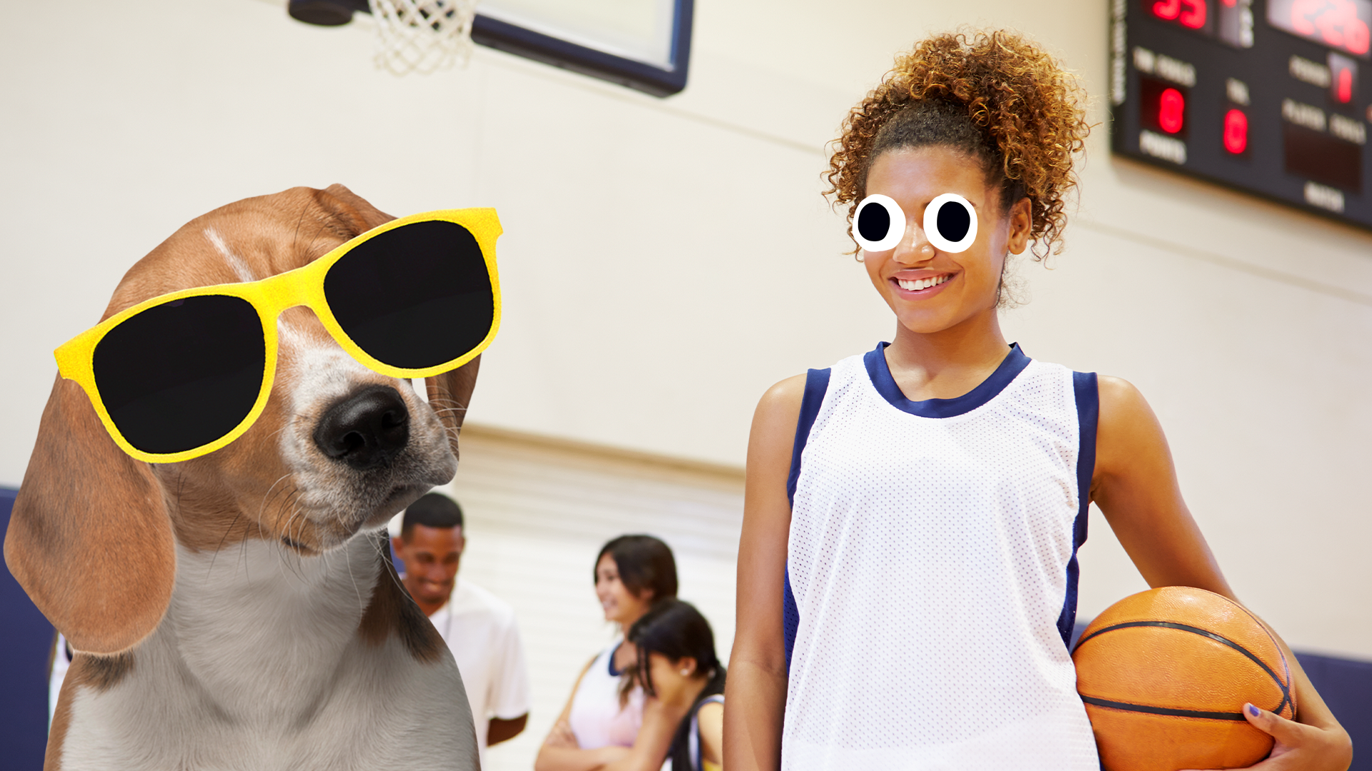 Girl playing basketball and cool dog