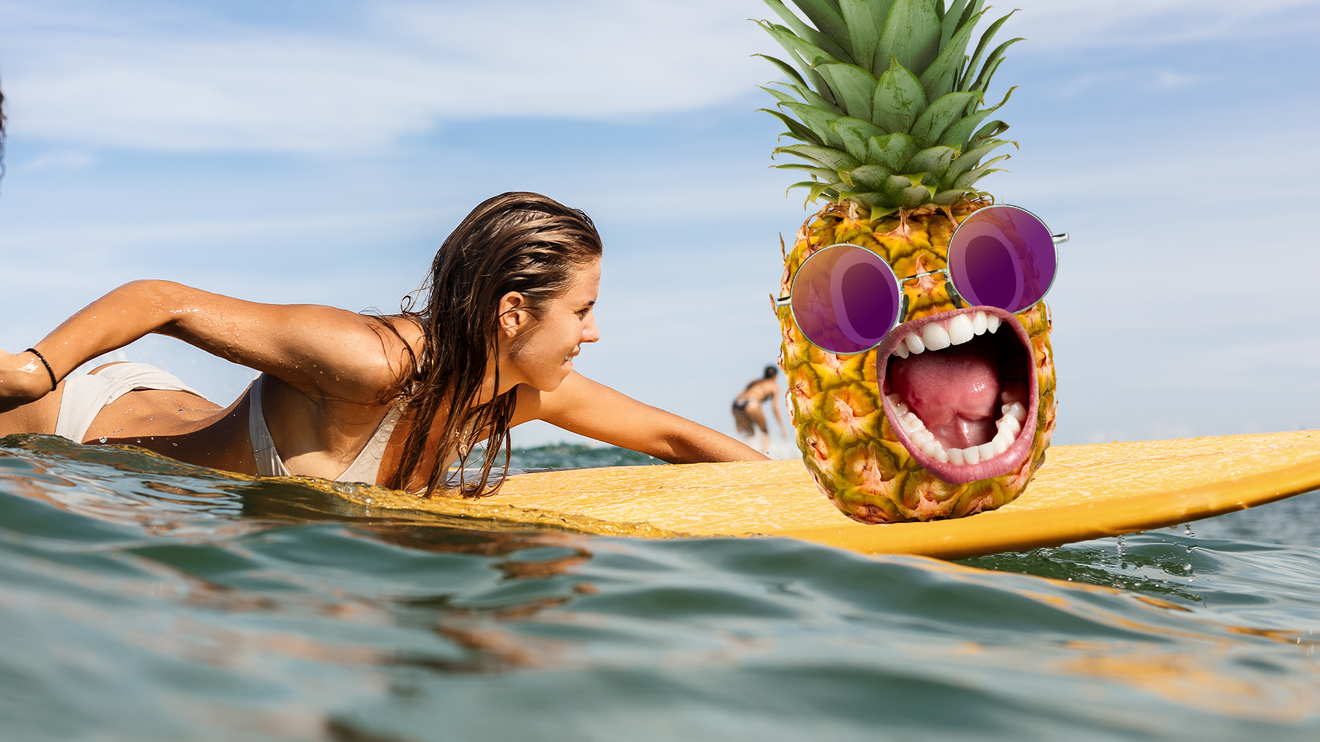 Woman surfing and screaming pineapple in sunglasses