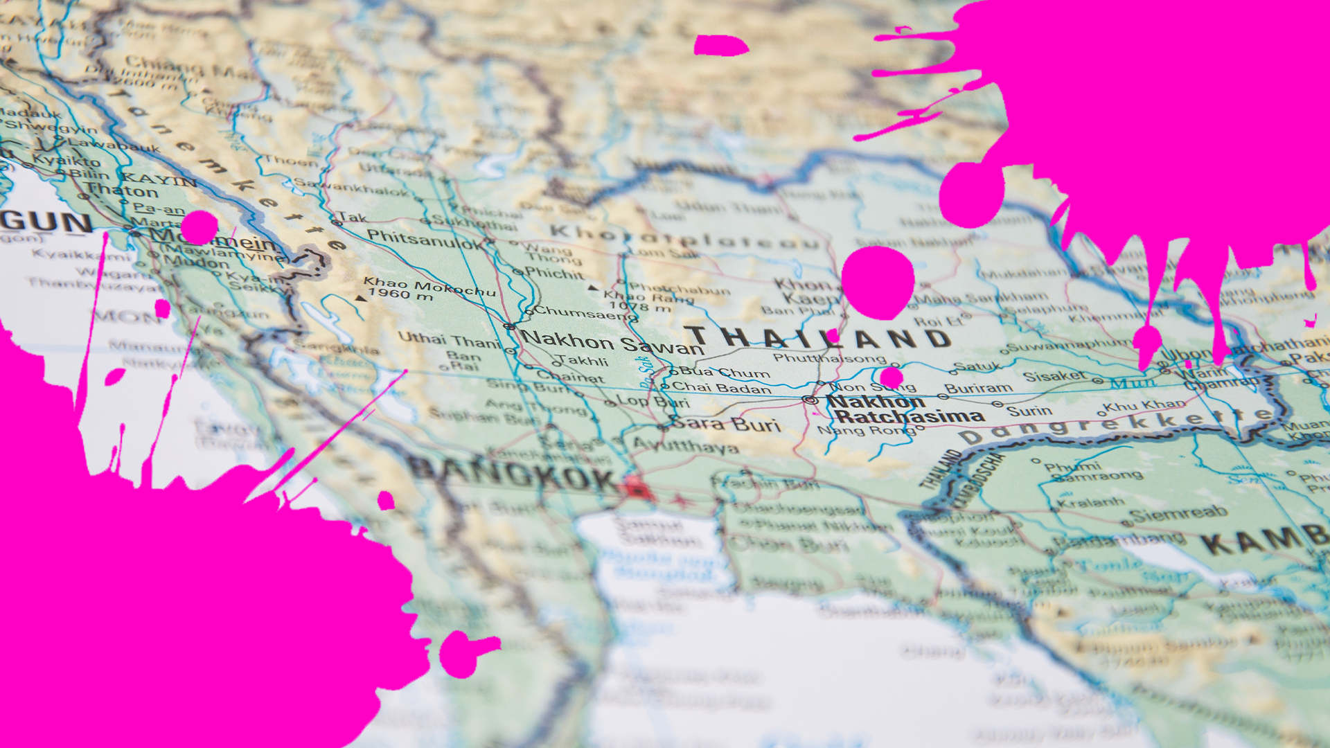 Map of South East Asia with pink splats