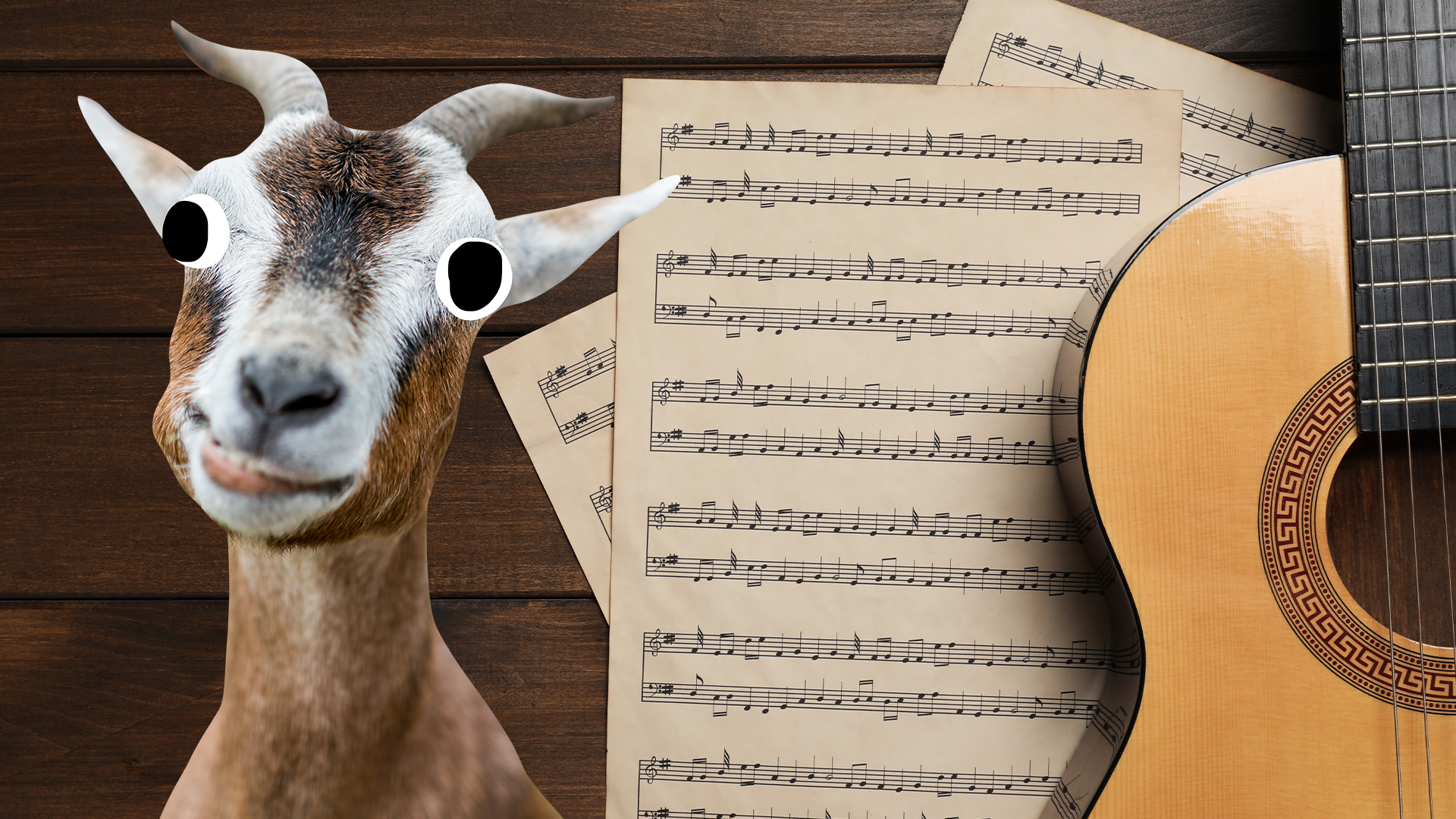 A derpy goat and some music and a guitar