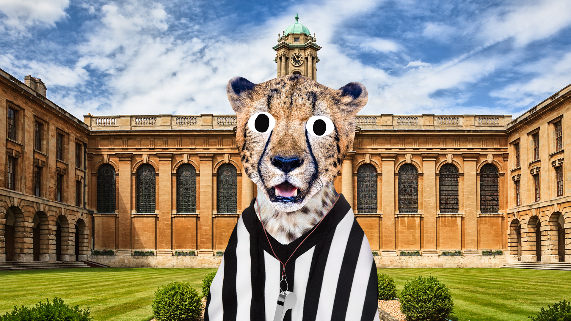 Cheetah referee in front of university 