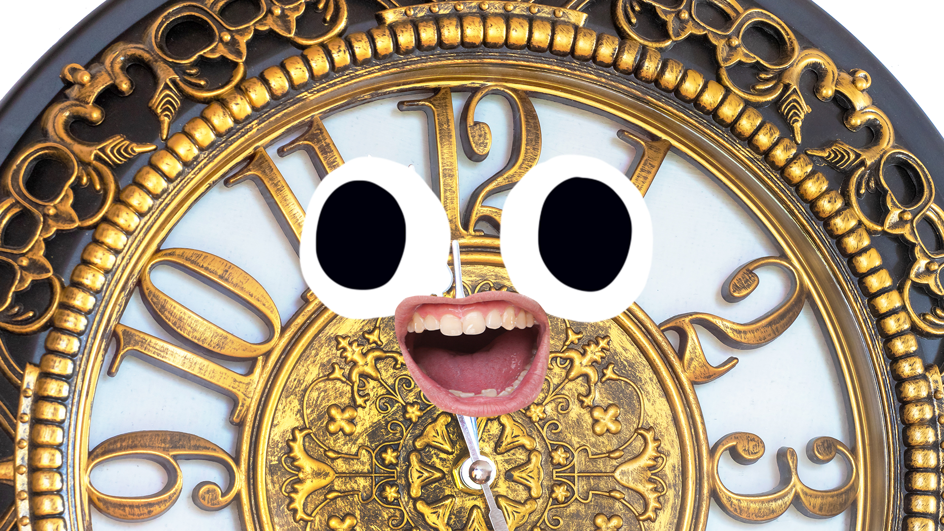 A golden clock with a goofy face