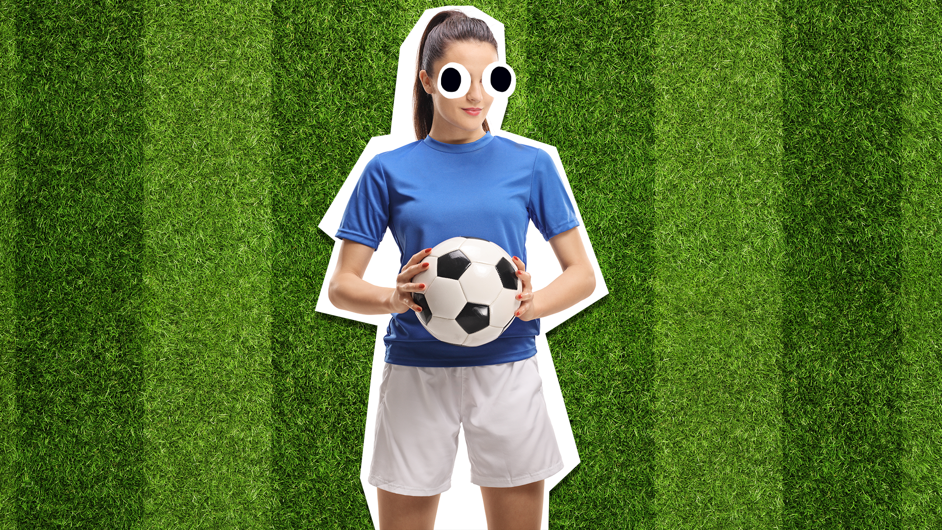 Female footballer on grass background