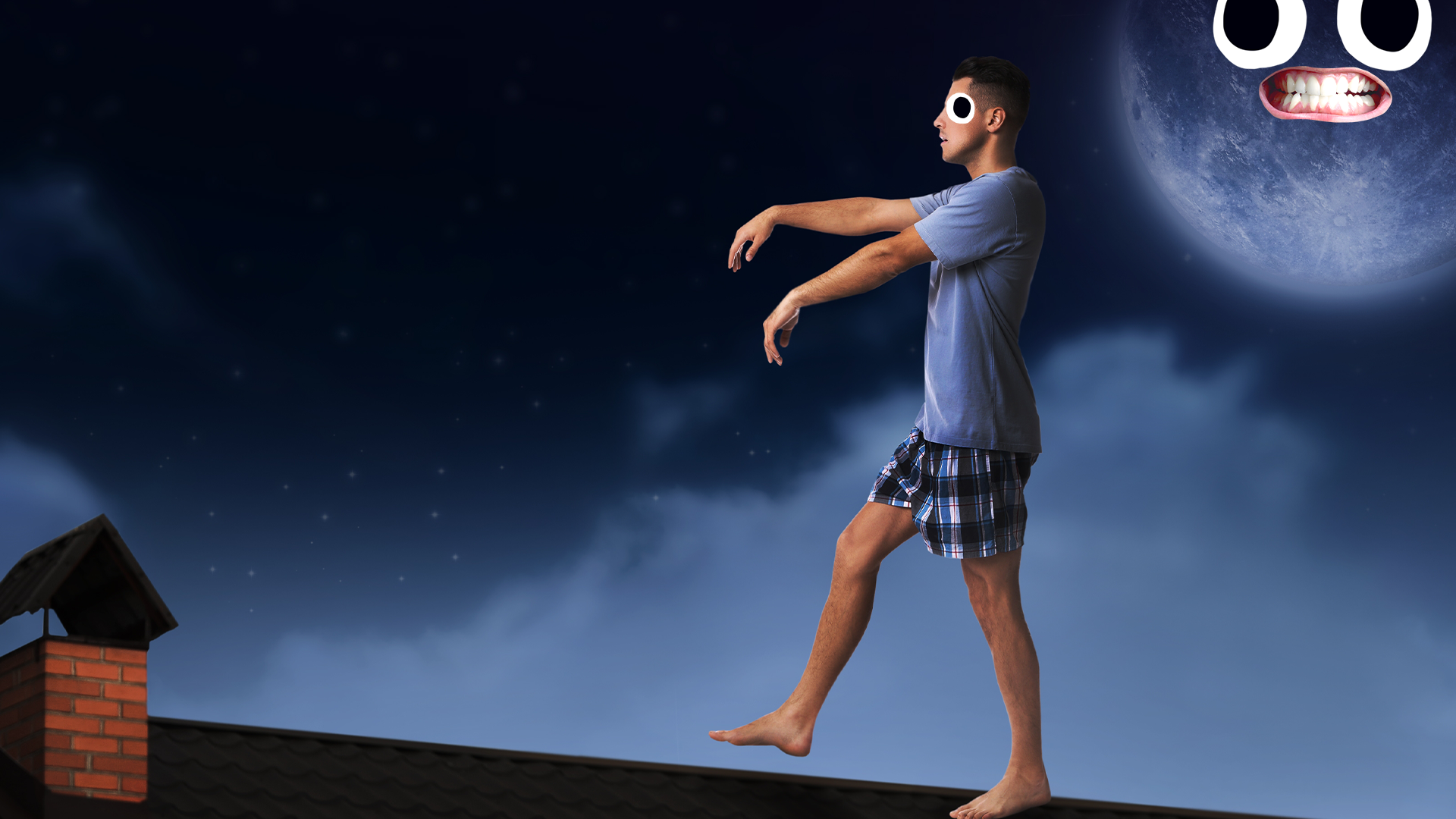Man sleep walking while concerned moon watches