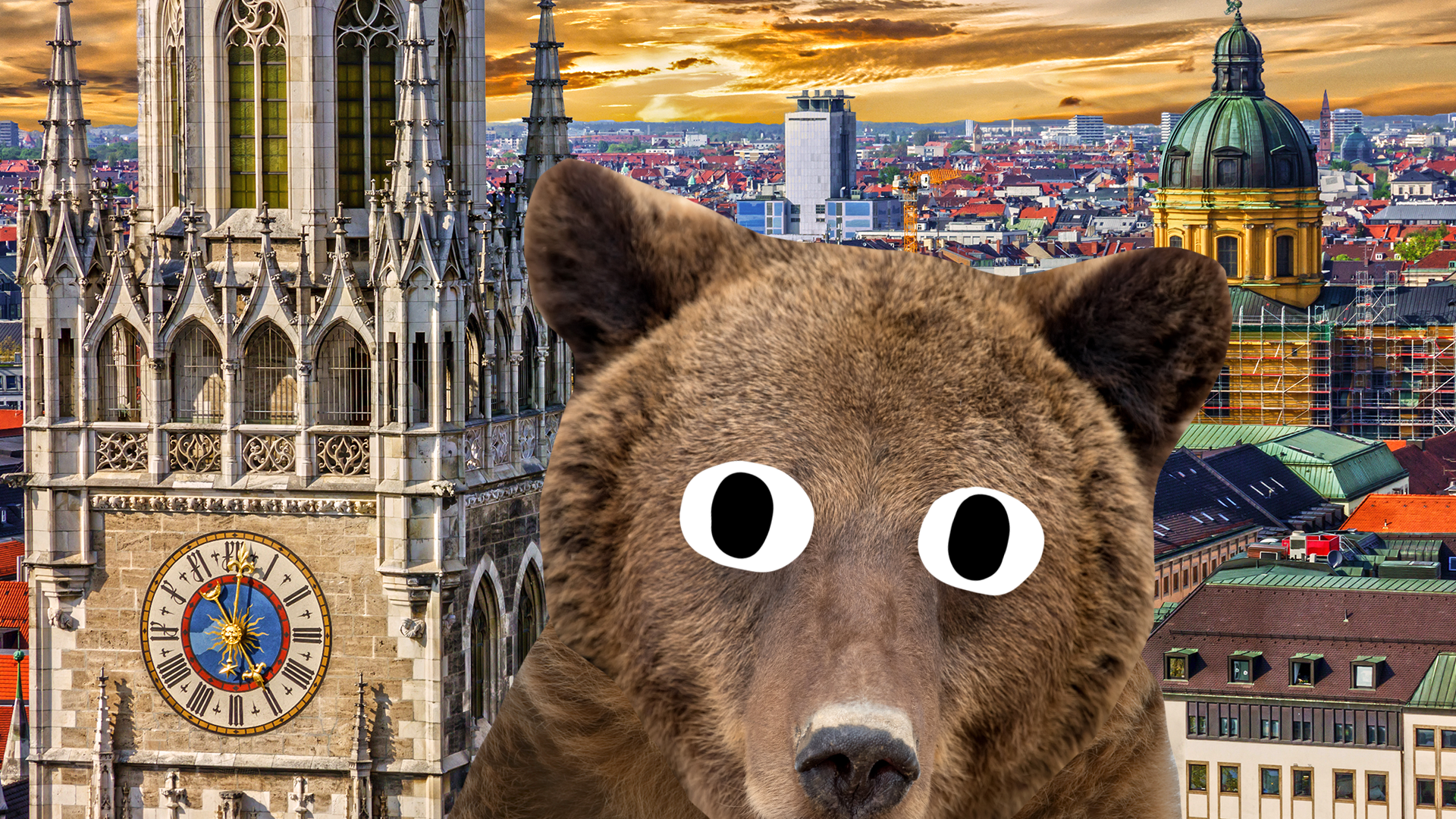 Bear popping up over a picture of Munich
