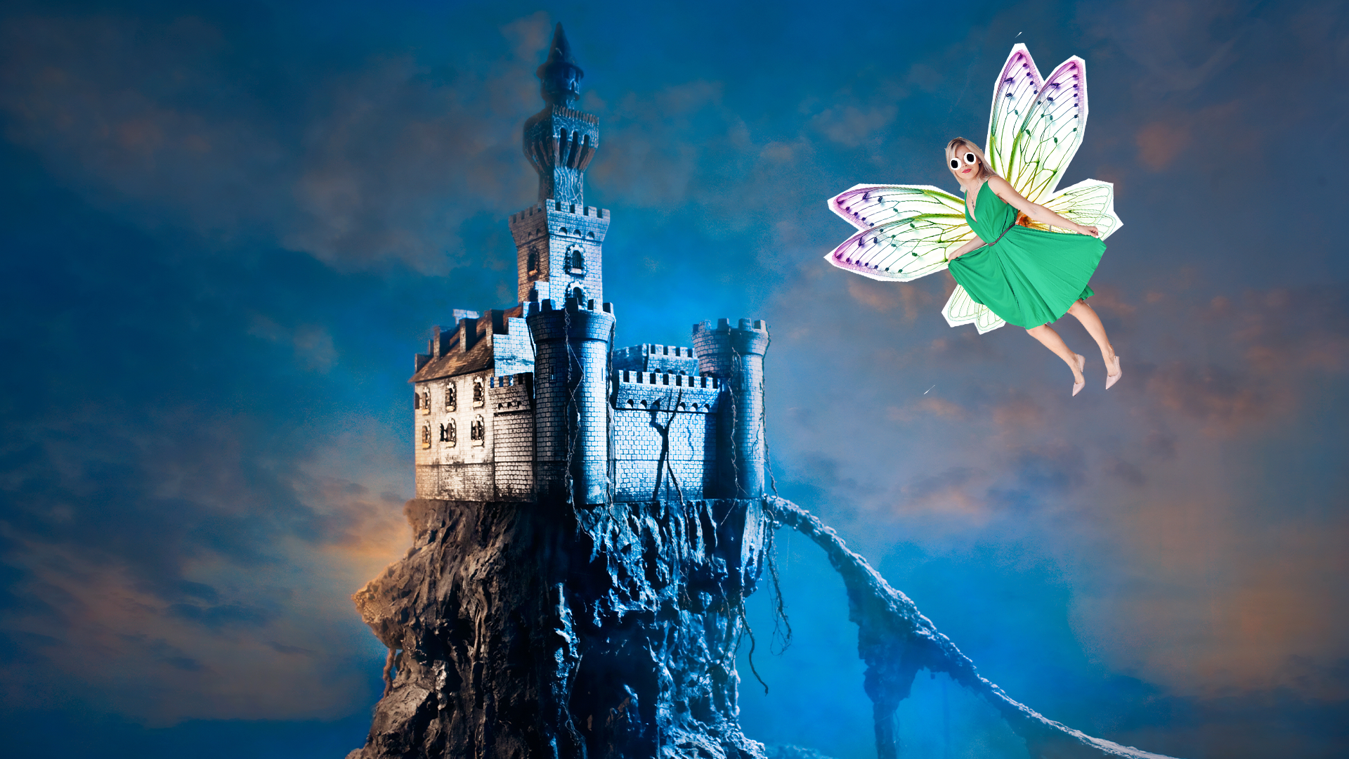A fairy outside a spooky castle