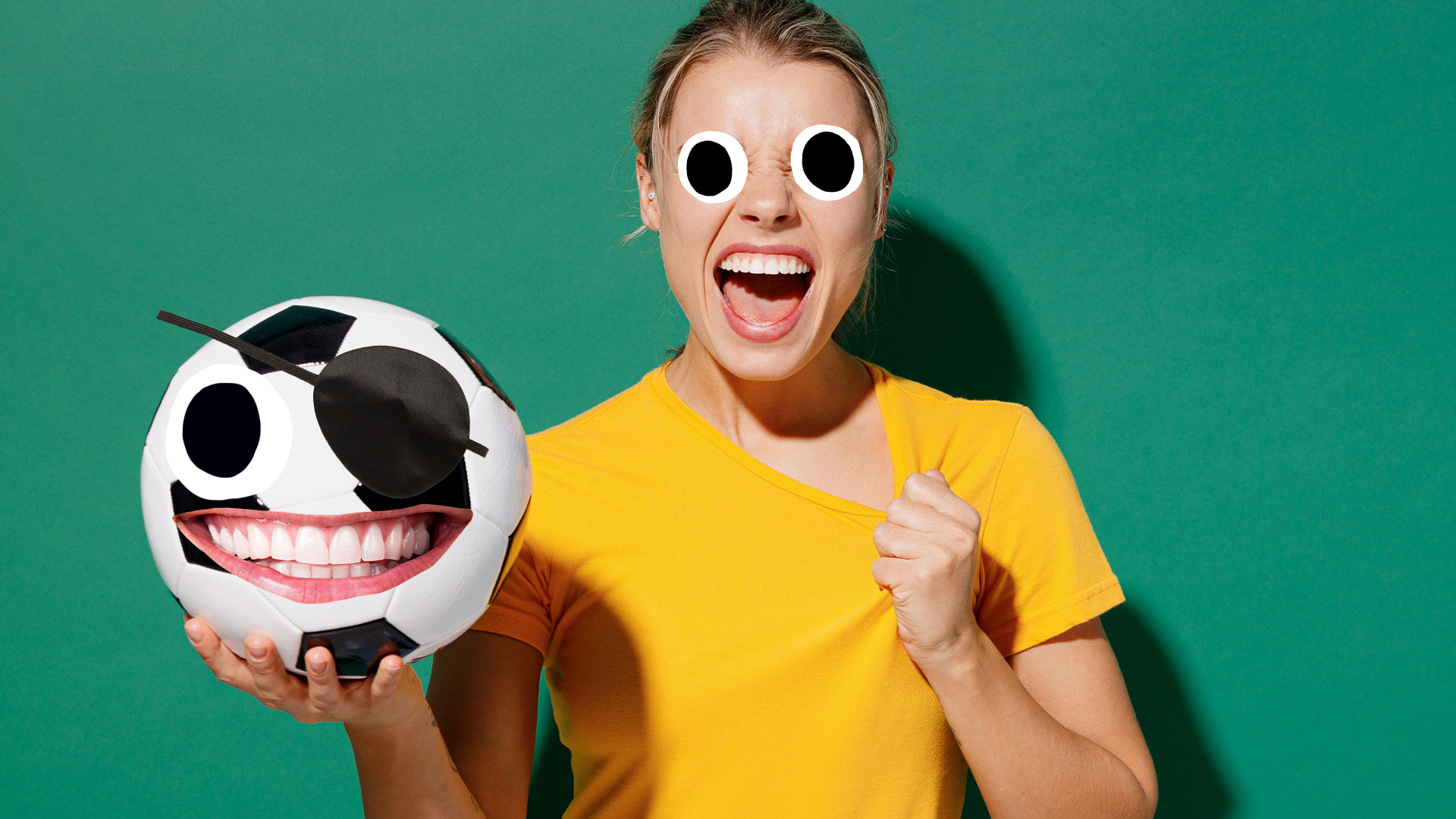 Woman with football with goofy face
