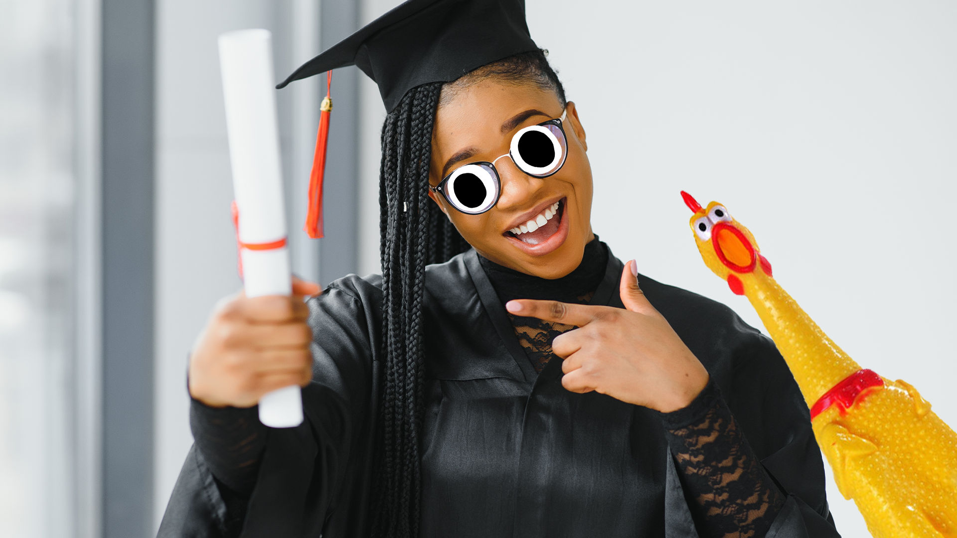 Graduate and rubber chicken