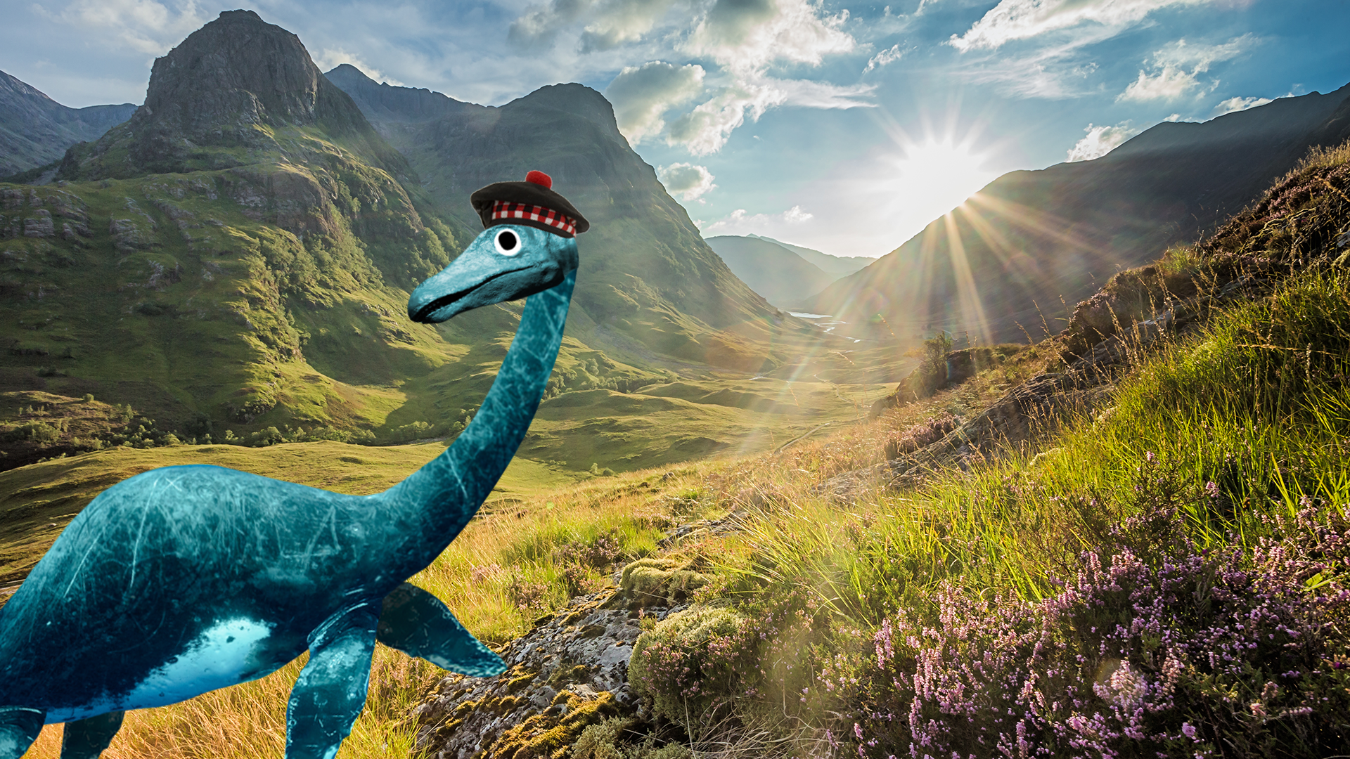 A dinosaur walking around grassy hills