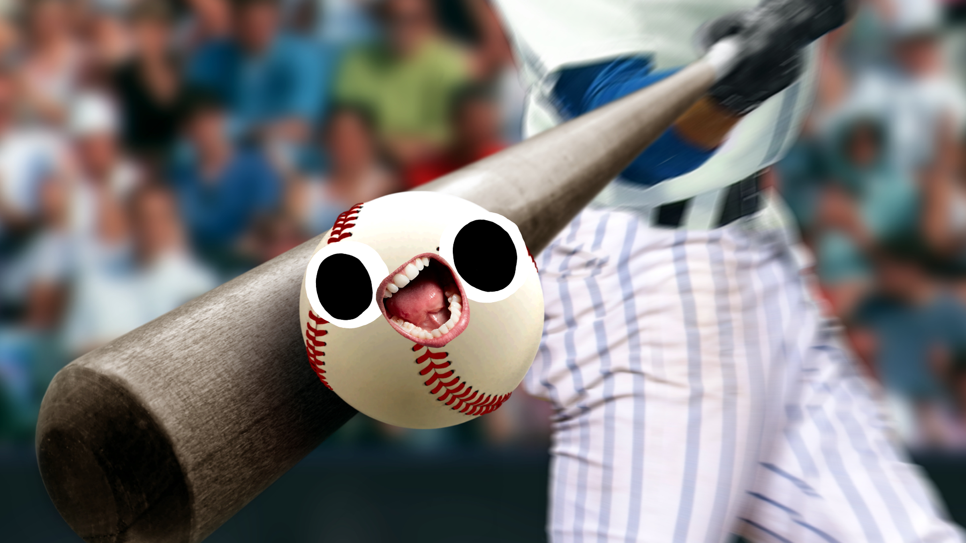 A screaming baseball being hit with a baseball bat