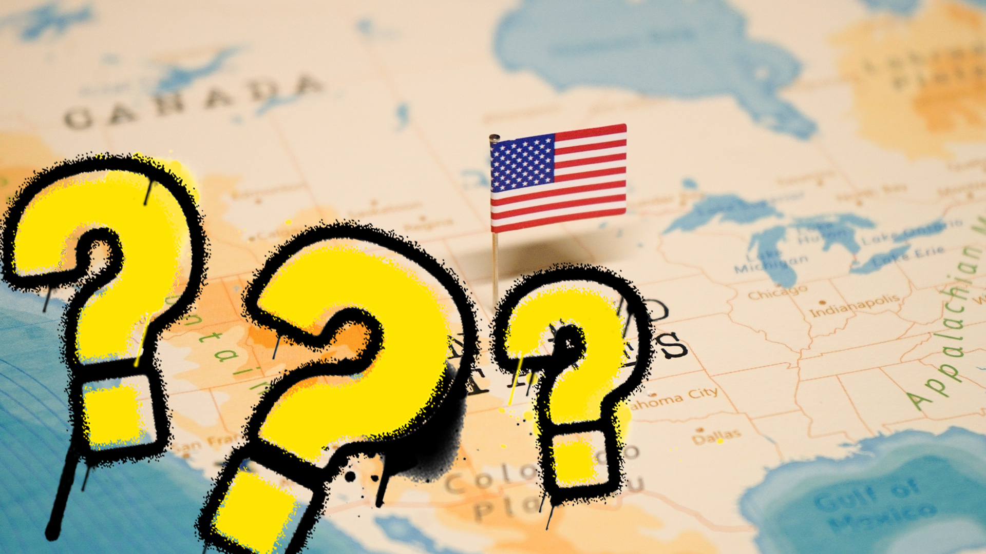 Map of the USA and question marks