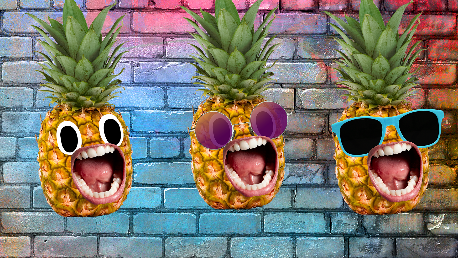 Three Beano pineapples on a colourful brick background