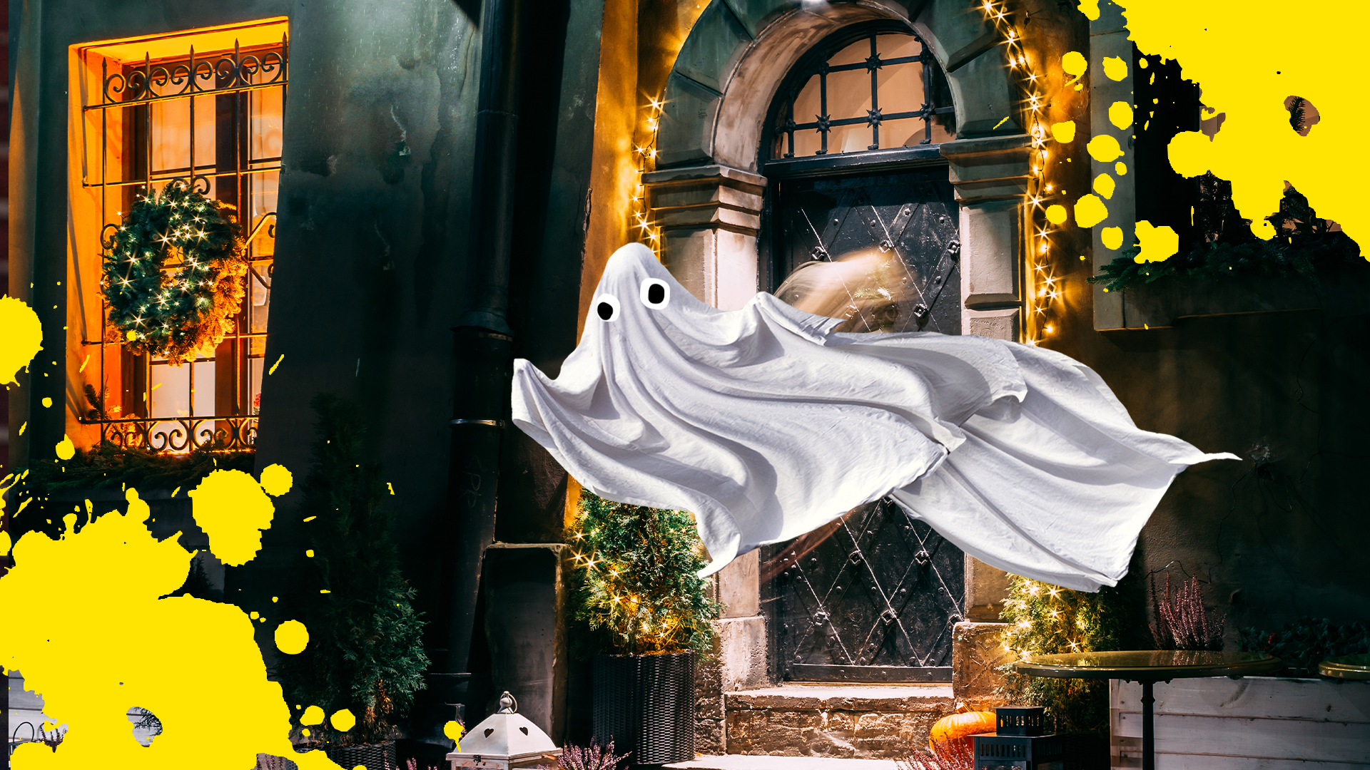 A spooky ghost in a Christmas scene with splats