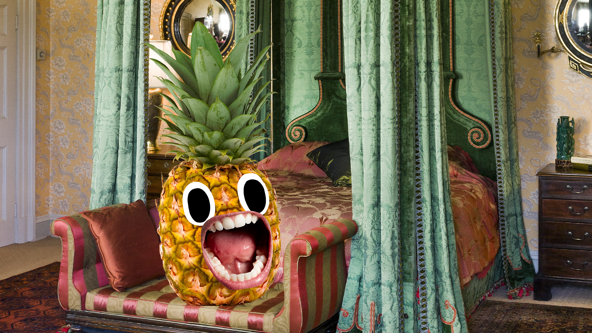 A screaming pineapple in an old fashioned room
