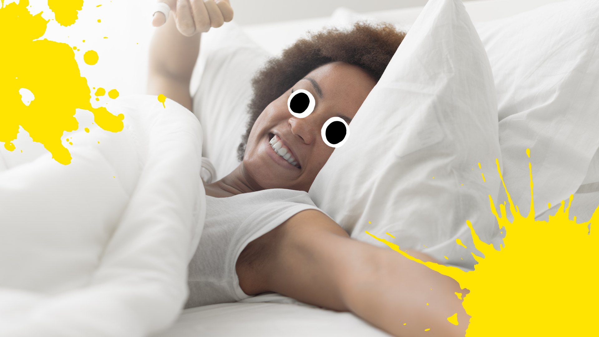 Woman in bed stretching and yellow splats