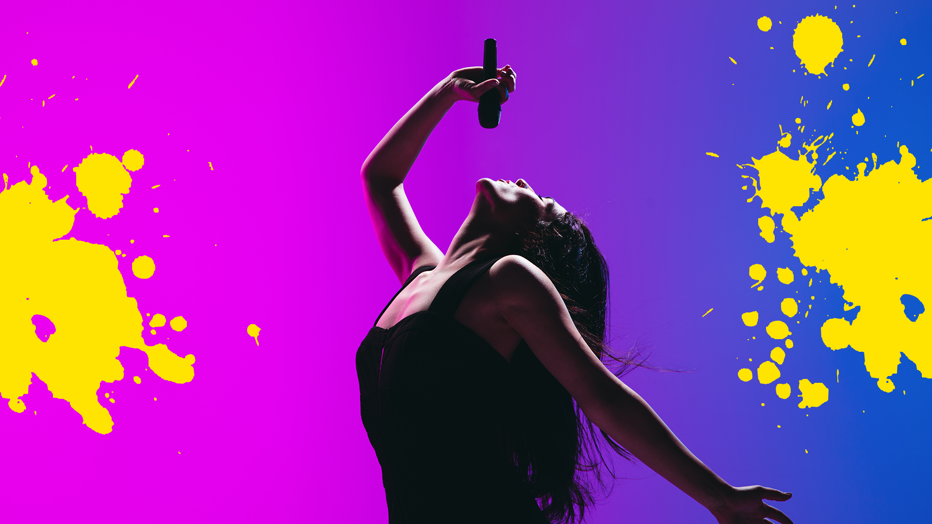 Woman singing on purple background and splats
