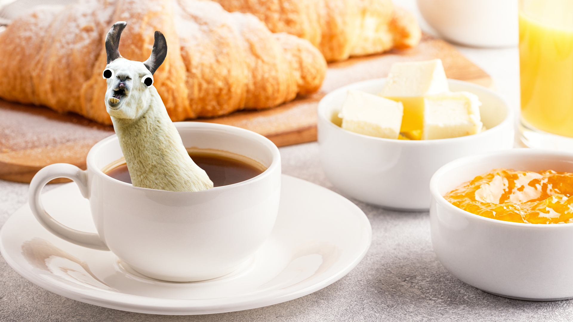 Llama popping out of breakfast coffee