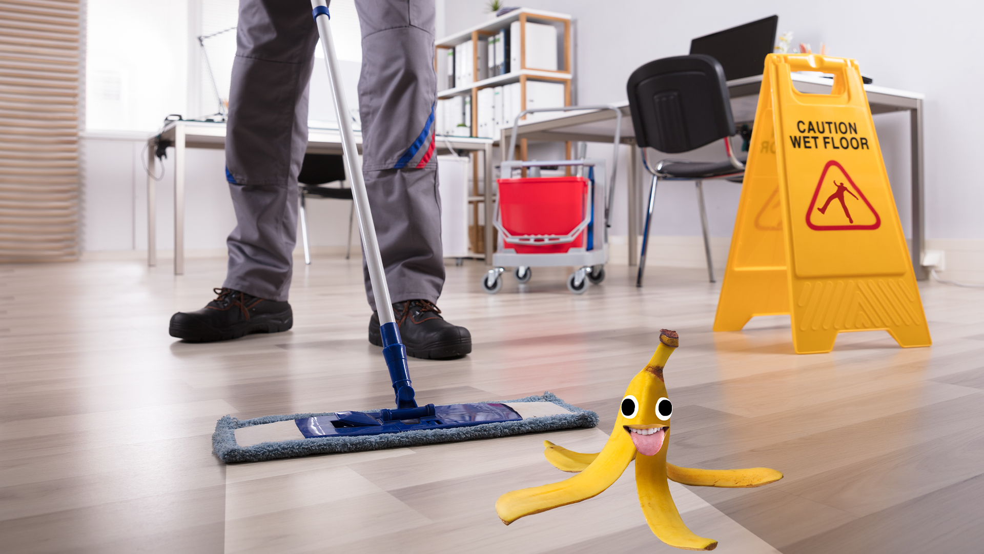 Janitor sweeping up Beano banana skin