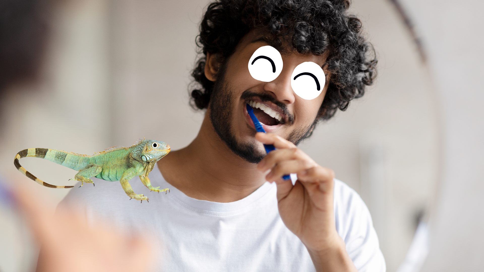 Man brushing teeth with iguana on his shoulder