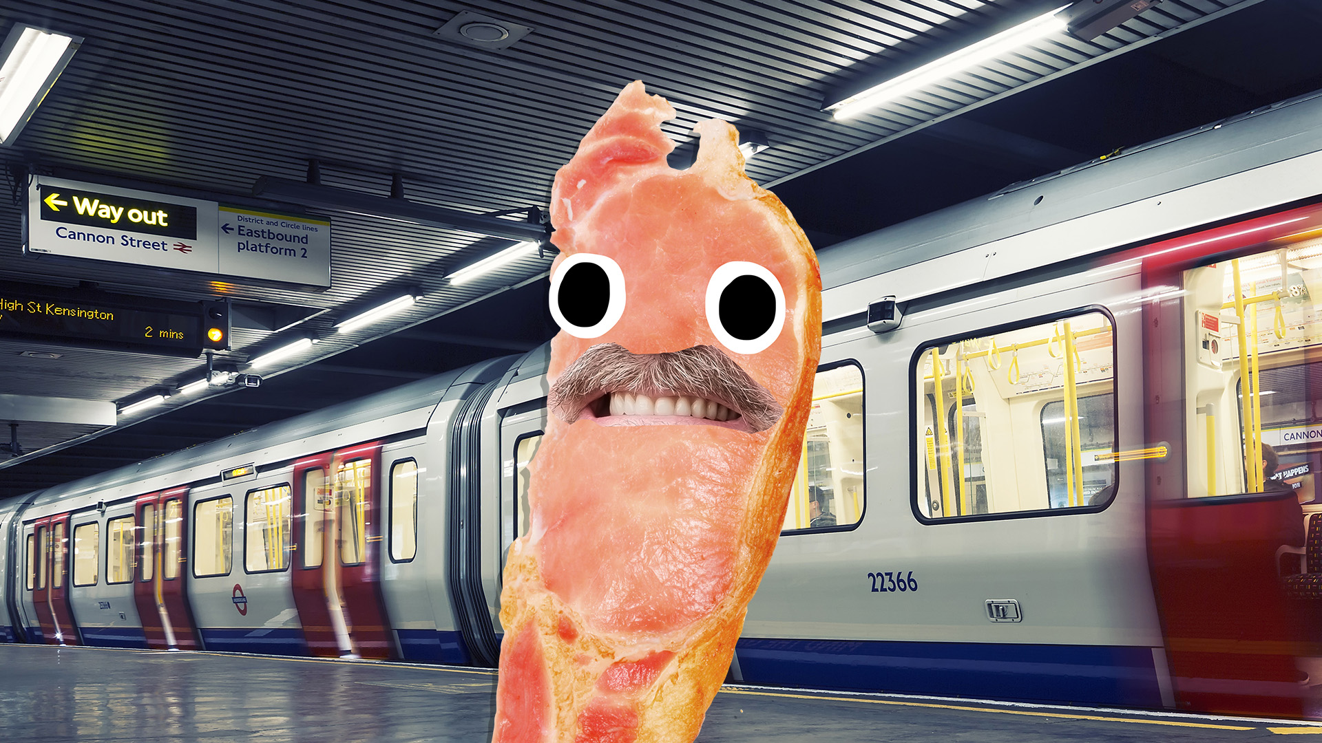 Bacon Dad waiting for a London Underground train