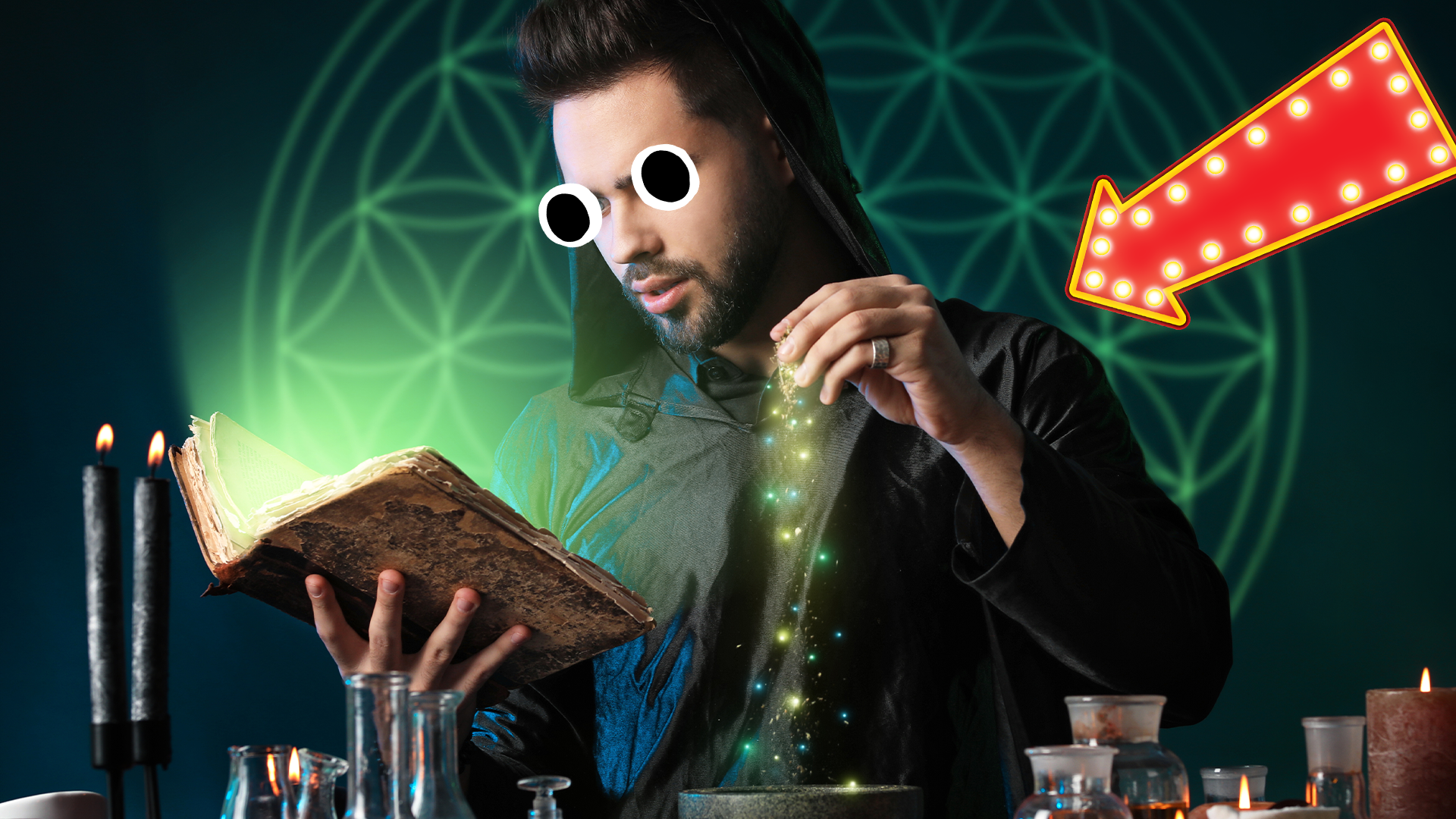 Warlock casting a spell with arrow pointing to him