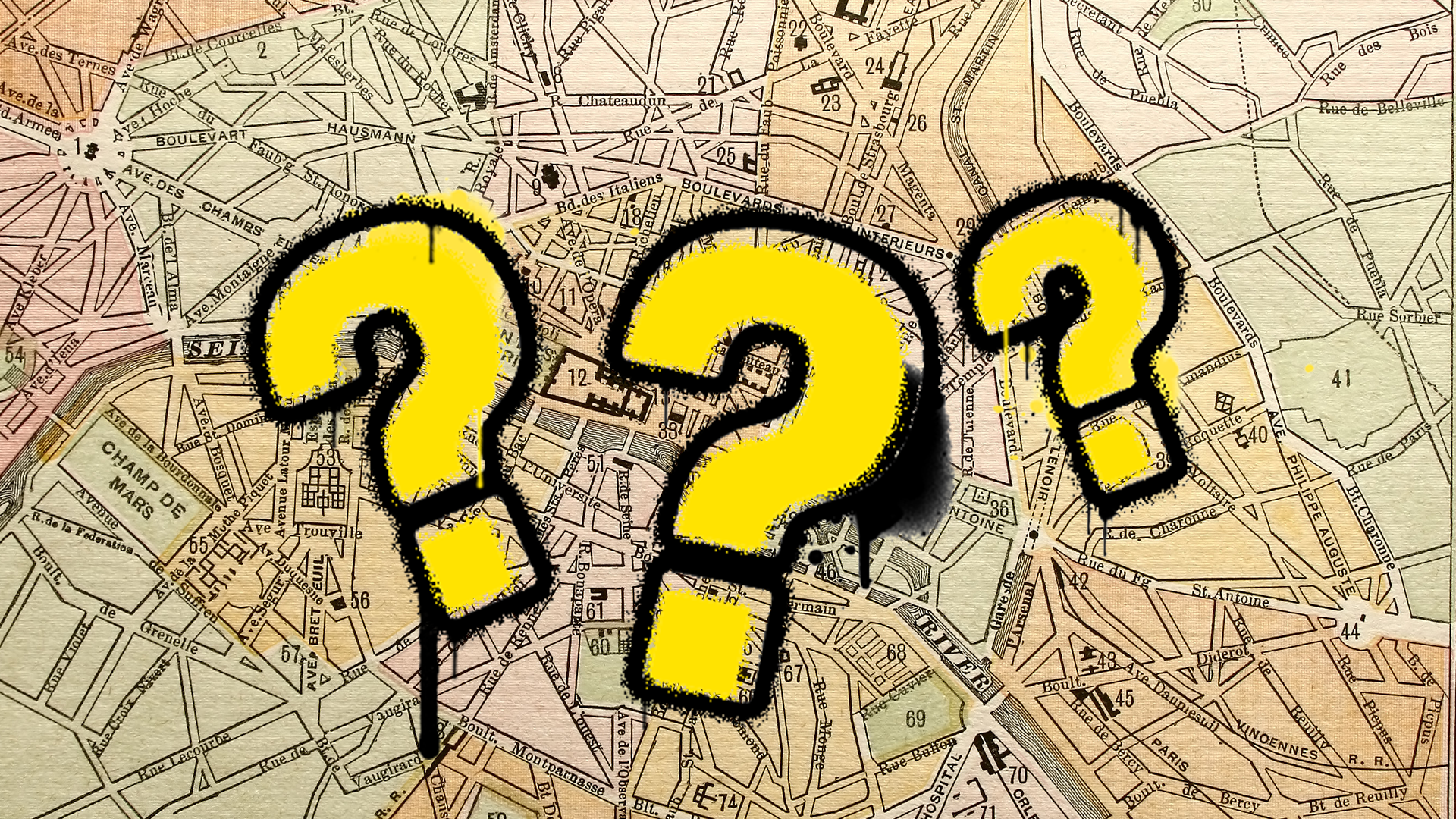 Old map of Paris and question marks